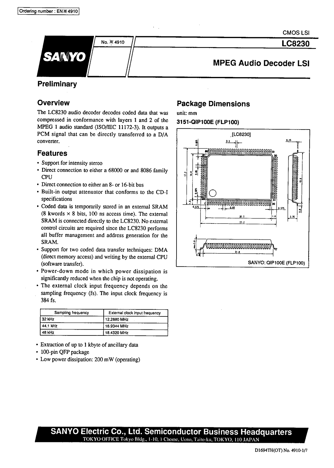 SANYO LC8230 Datasheet