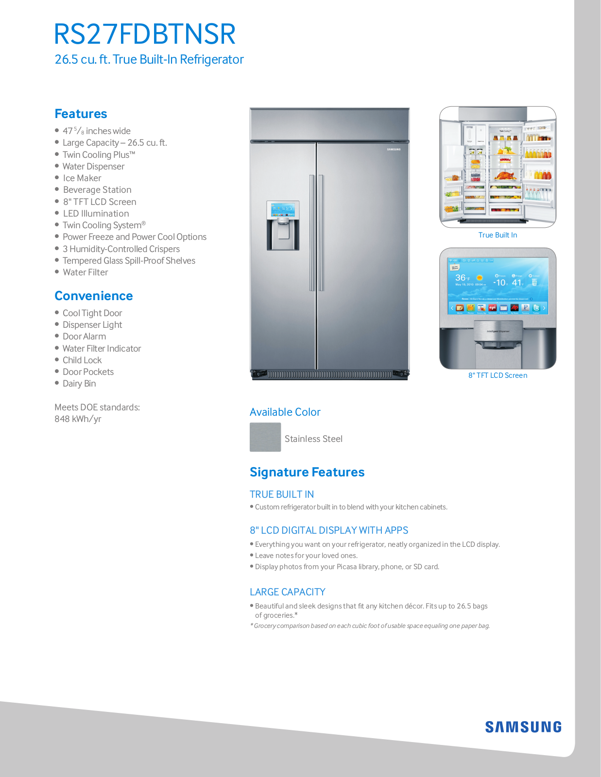 Samsung RS27FDBTNSR Specification Sheet