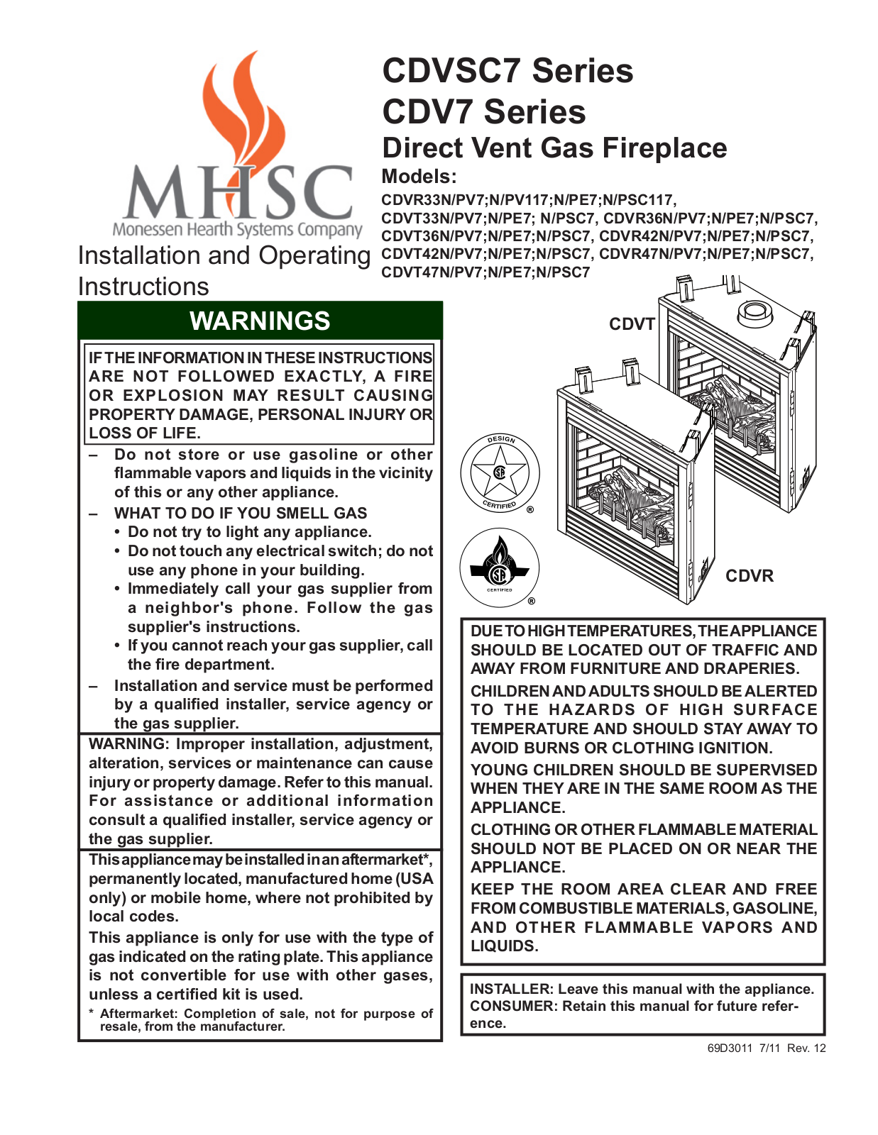 Monessen Hearth Systems CDVR33NV7, CDVR33NV117, CDVR33NE7, CDVR33NSC117, CDVR36NV7 Installation Manual