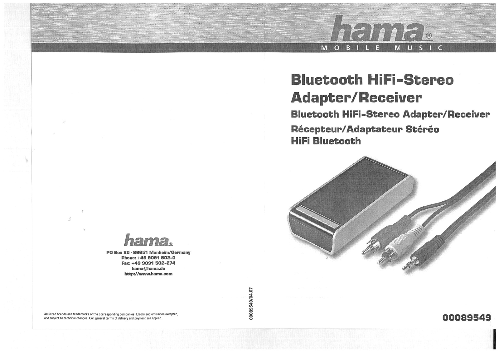 Hama BLUETOOTH HIFI STEREO ADAPTER/RECEIVER User guide