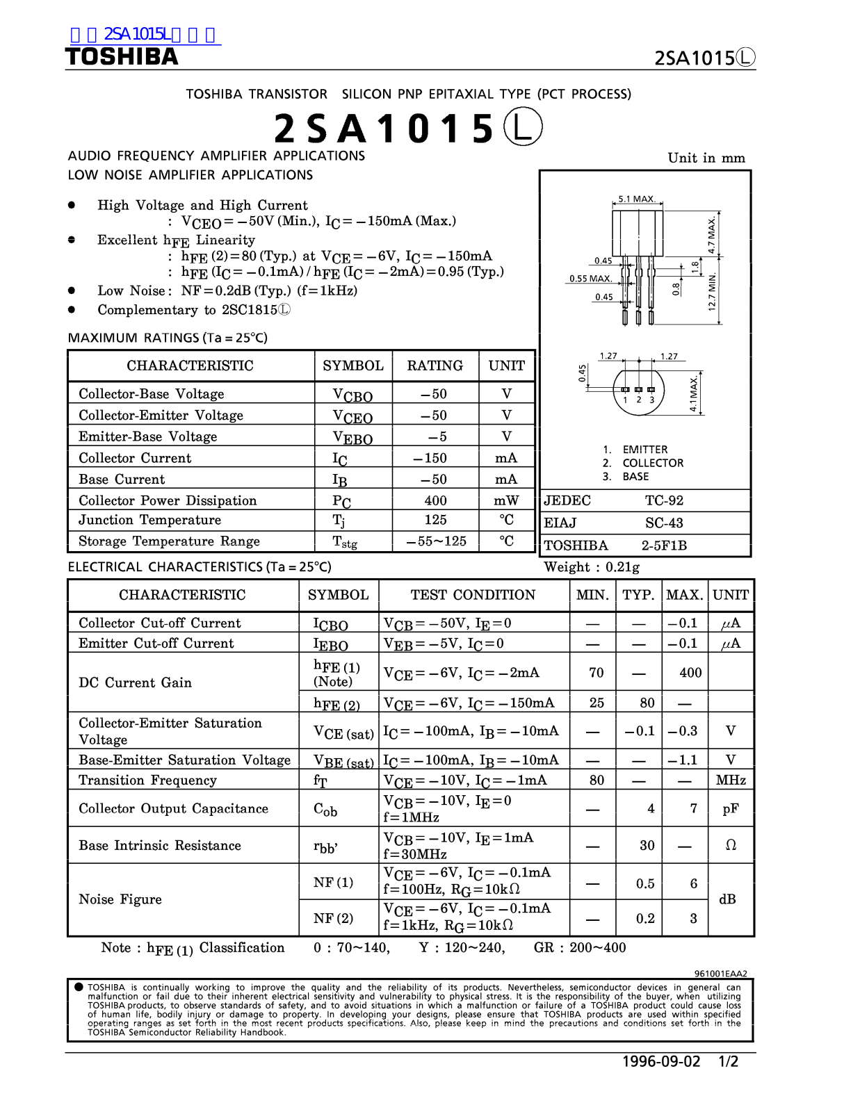 TOSHIBA 2SA1015L Service manual