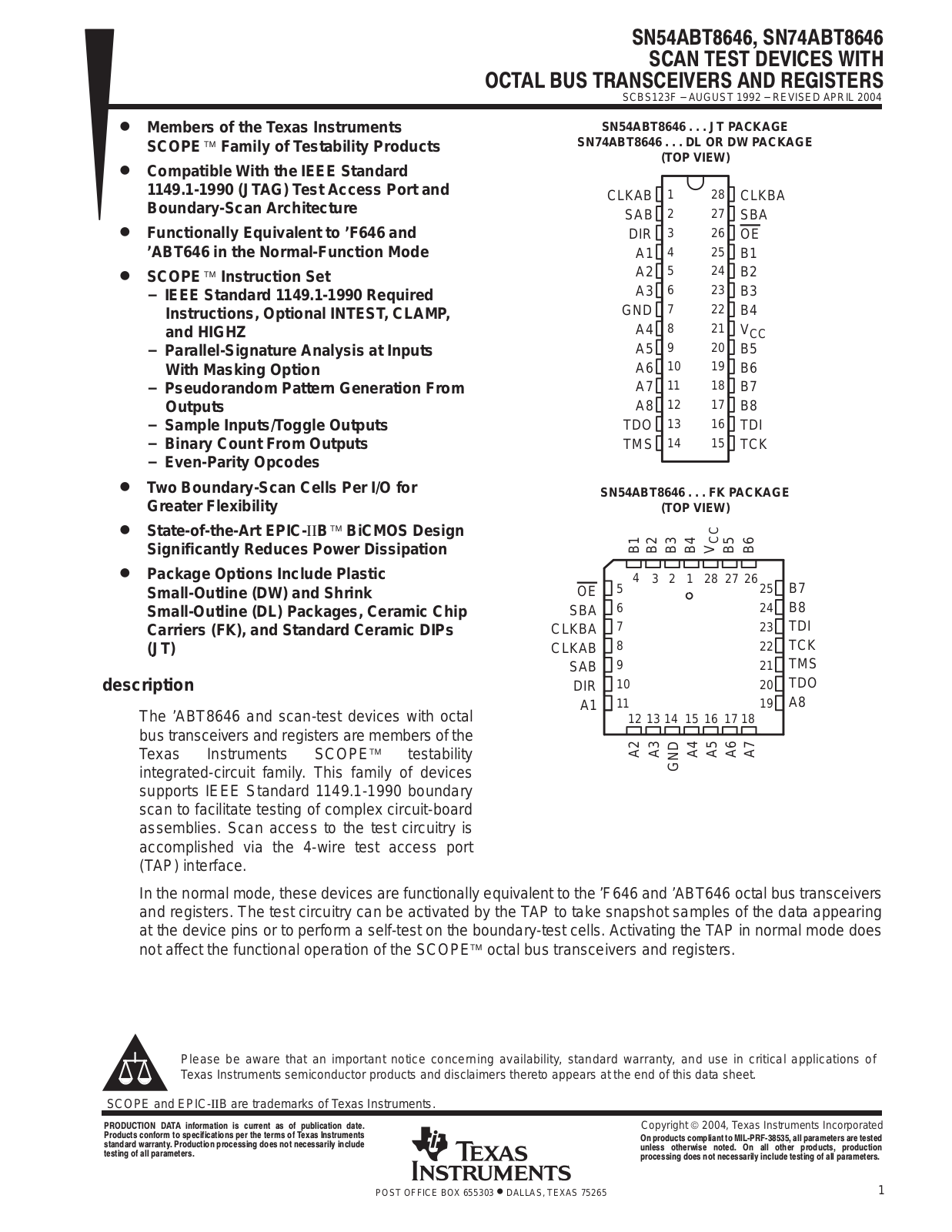 TEXAS INSTRUMENTS SN54ABT8646, SN74ABT8646 Technical data