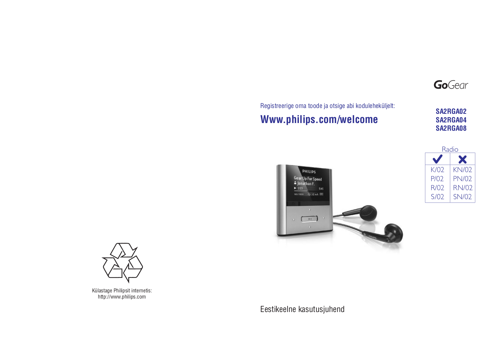 PHILIPS SA2RGA04RN, SA2RGA02SN, SA2RGA04SN, SA2RGA08SN, SA2RGA02RN User Manual