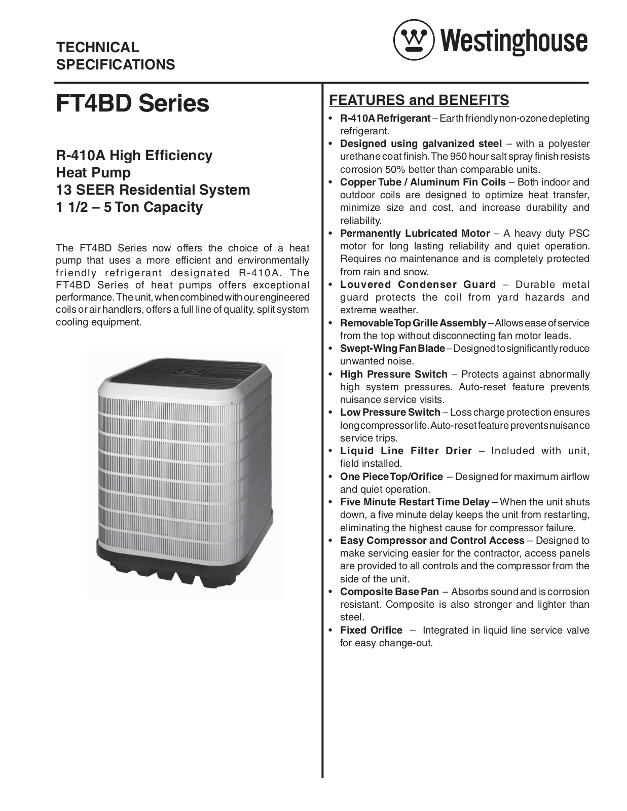 Westinghouse 13 SEER, 8 HSPF FT4BD Technical Literature