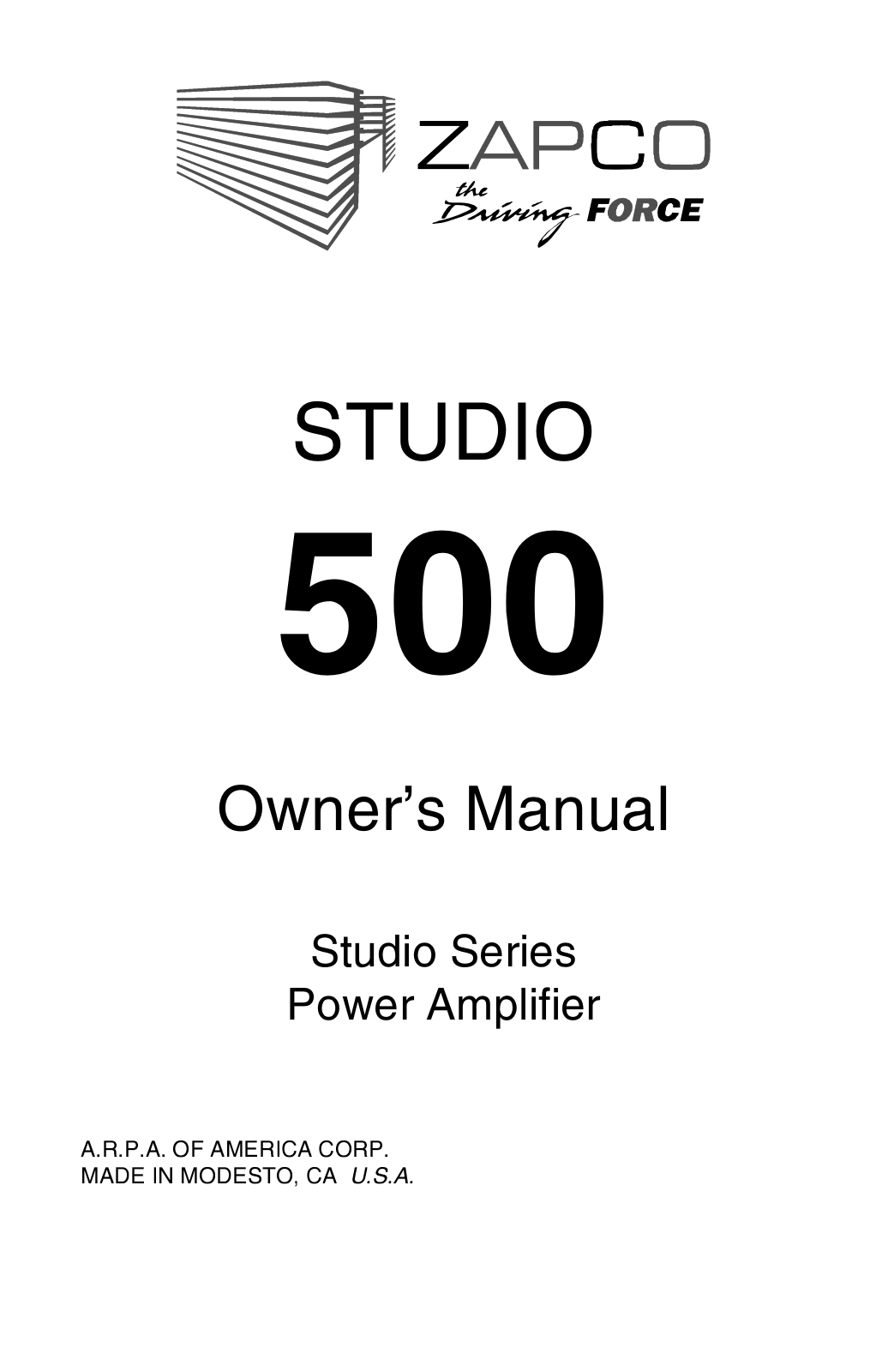 Zapco STUDIO 500 owners manual