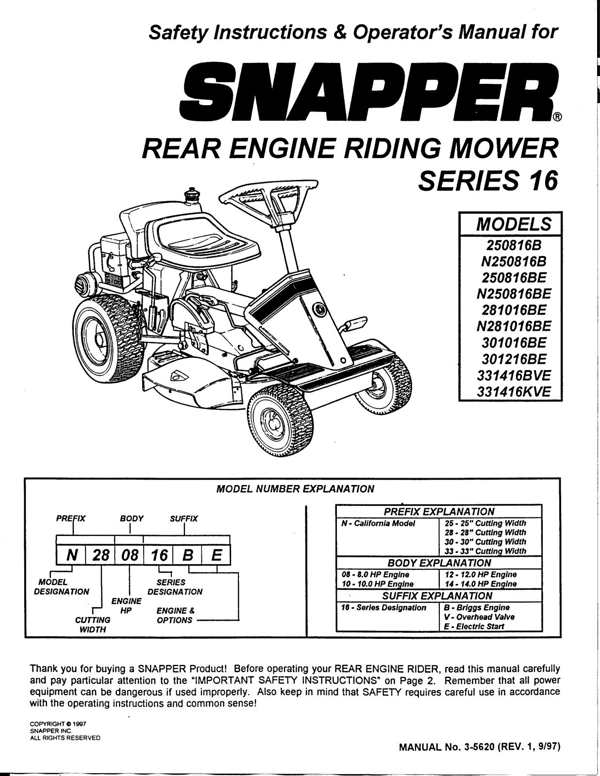 Snapper 250816B, 301216BE, 250816be, N250816BE, 331416BVE User Manual