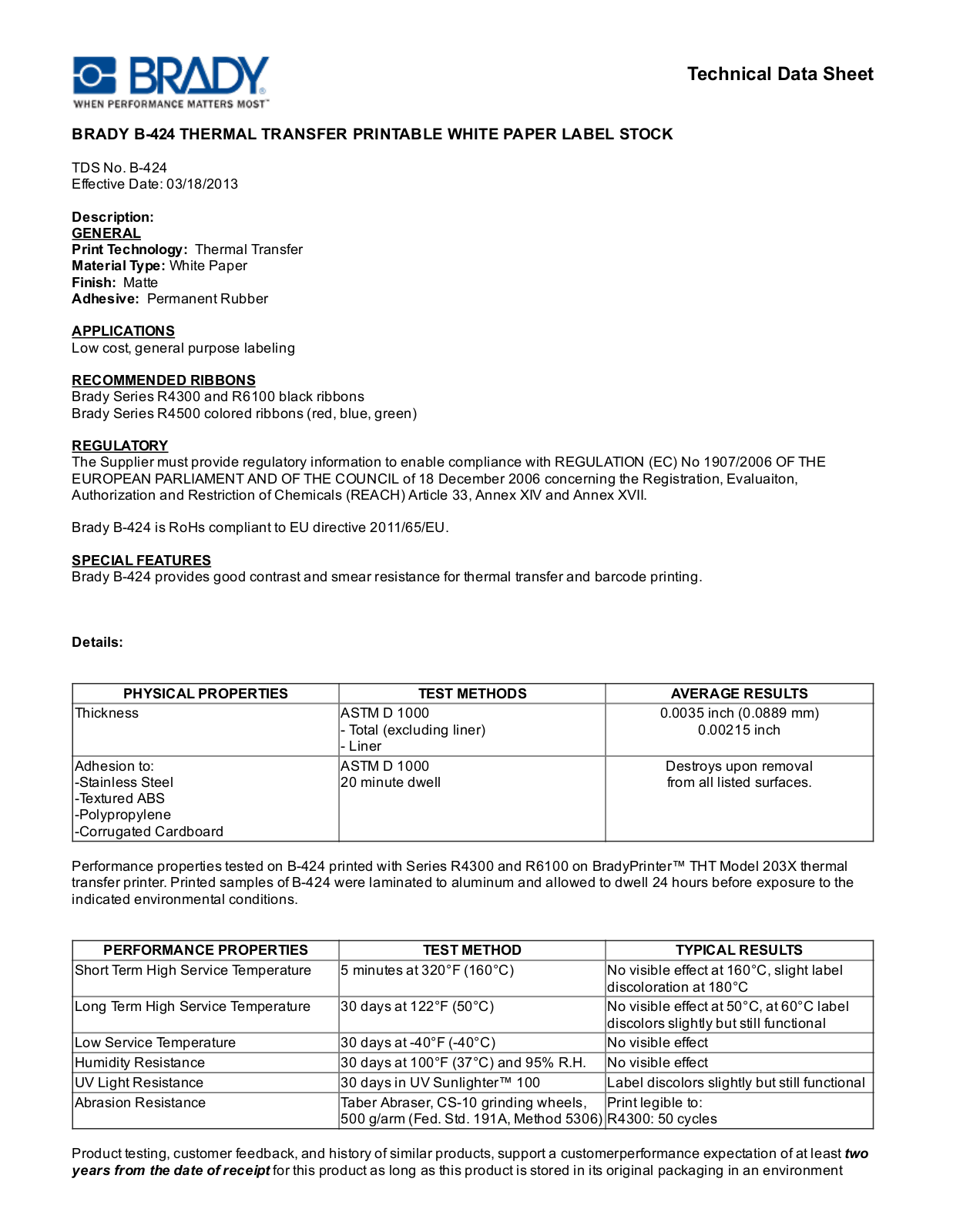 Brady B­424 Technical Data