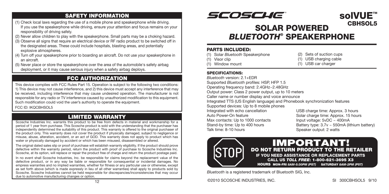 Scosche CBHSOL5 User Manual