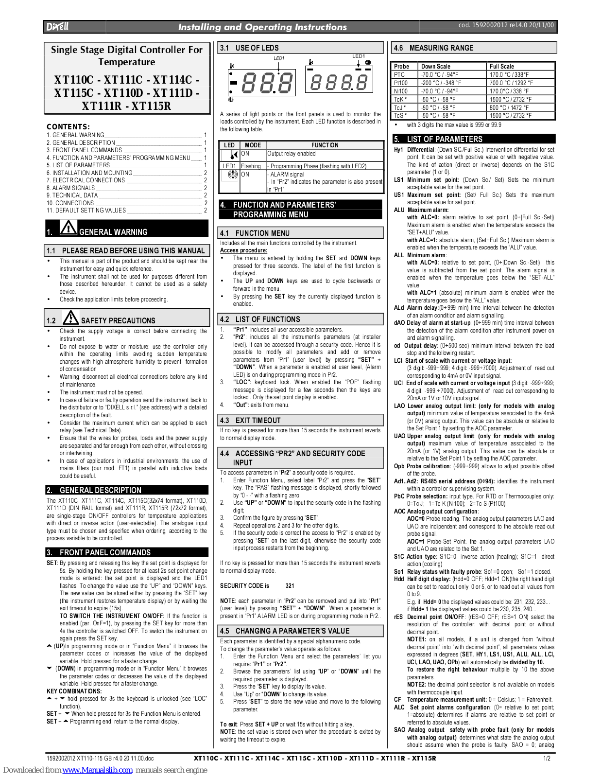 Emerson XT110C, XT111C, XT114C, XT115C, XT110D Installation And Operating Instructions Manual