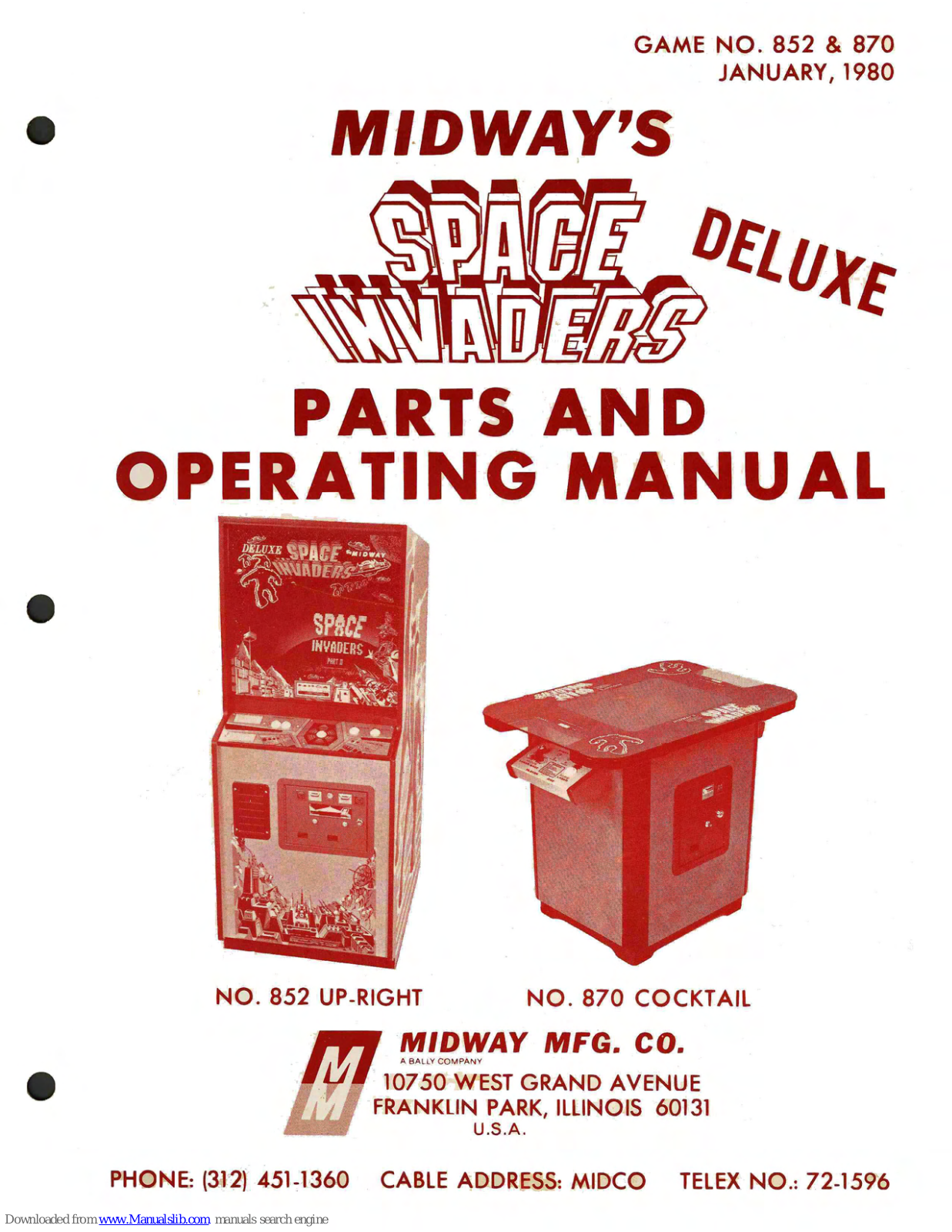 Midway Space invaders deluxe 852 up-right, Space invaders deluxe 870 cocktail Operating Manual