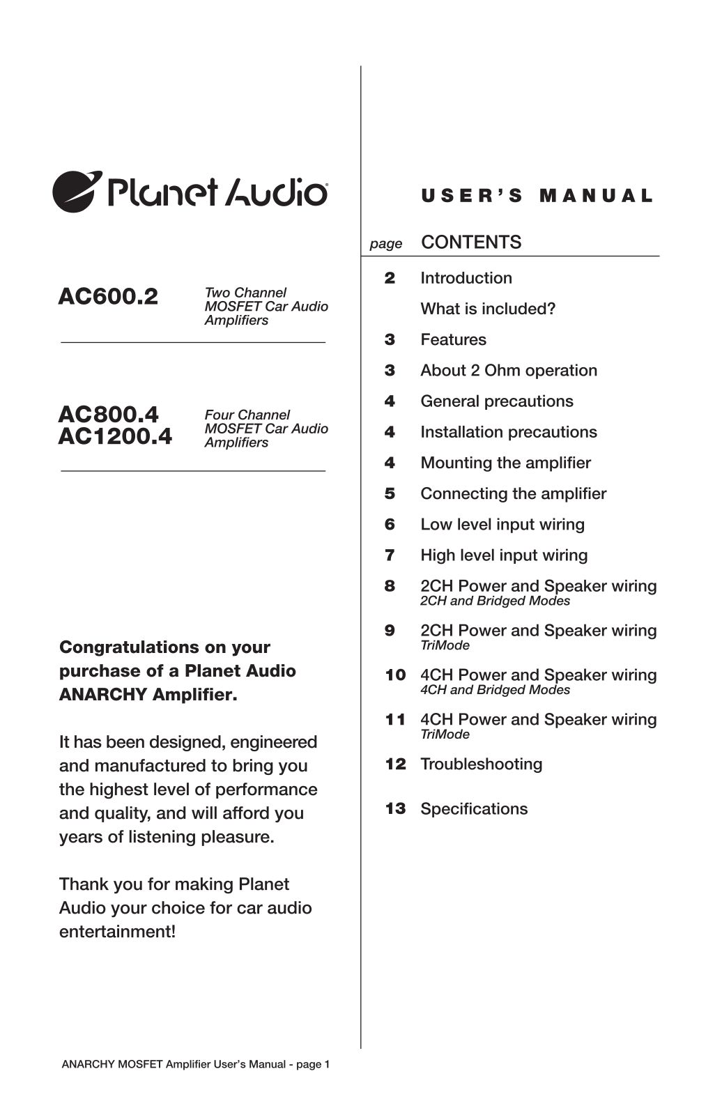 Planet Audio AC1200.4, AC600.2, AC800.4 User Manual