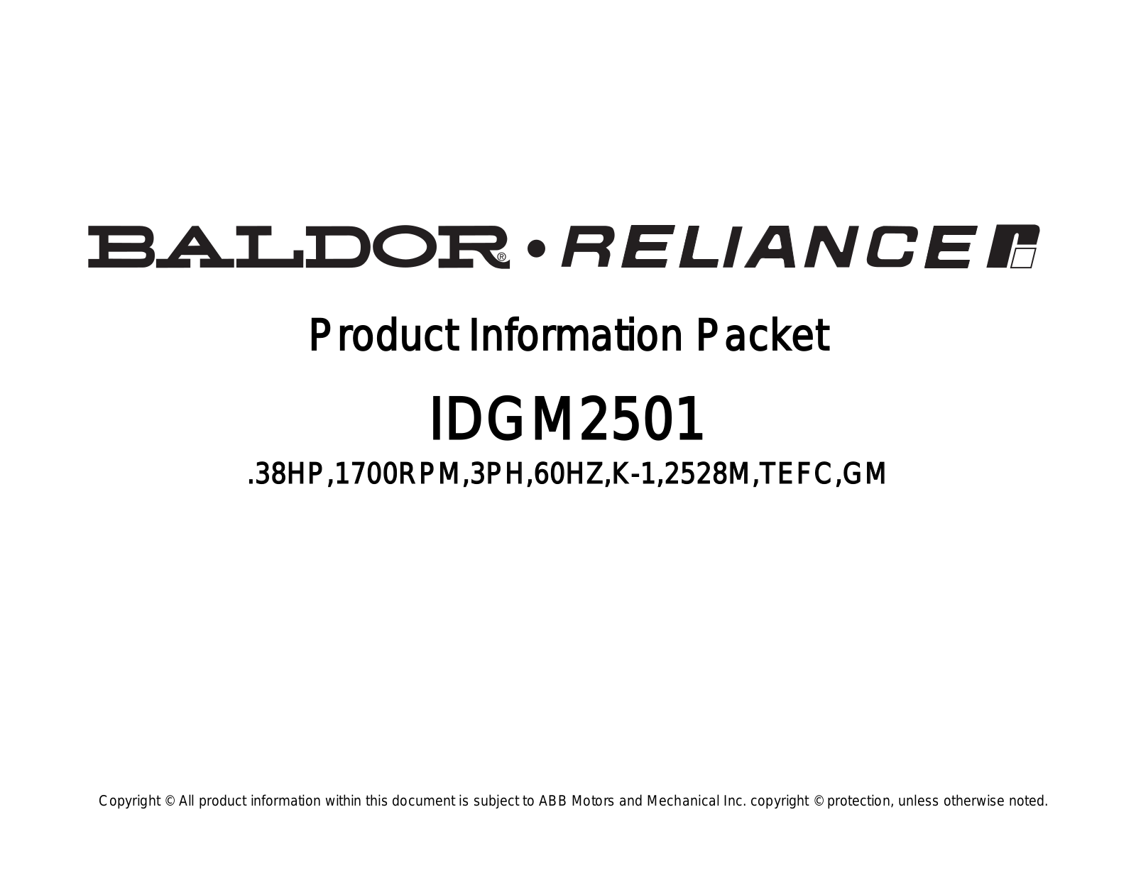 Baldor IDGM2501 Product Information Sheet