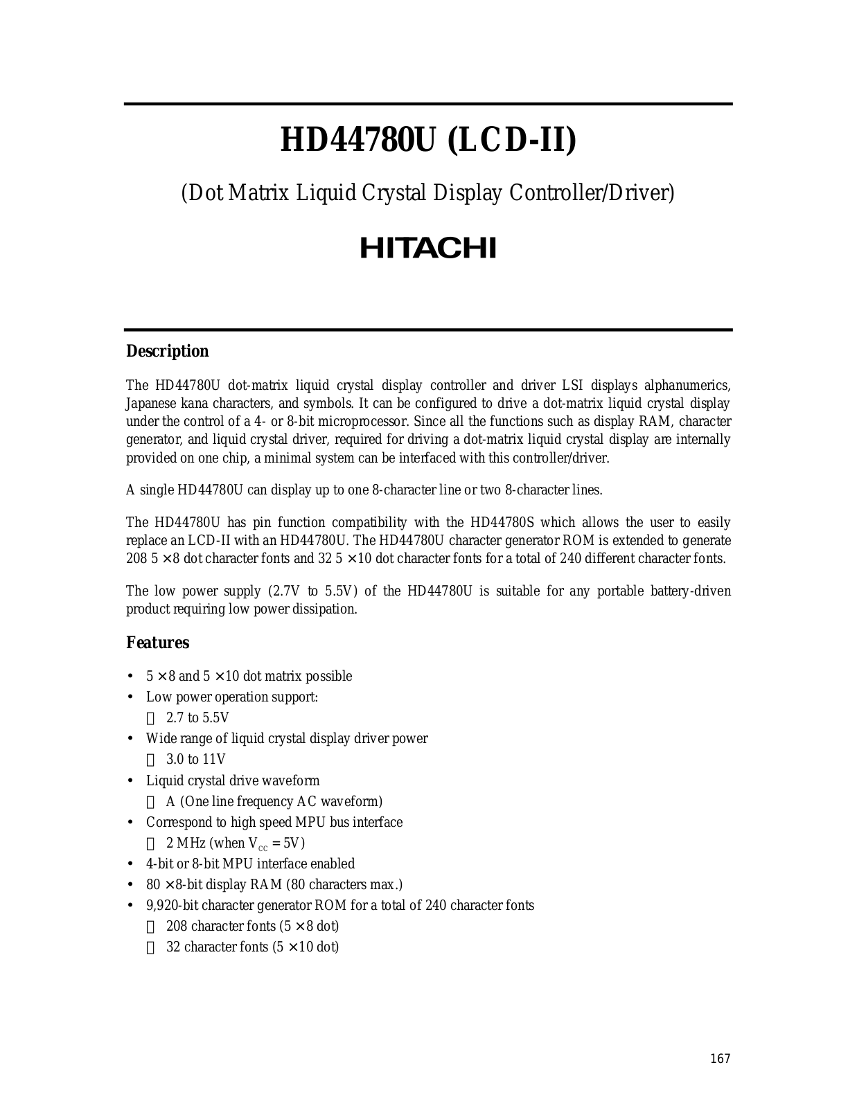 HIT HD44780UA00TF, HD44780UA00FS, HD44780UBxxTF, HD44780UBxxFS, HD44780UA02TF Datasheet