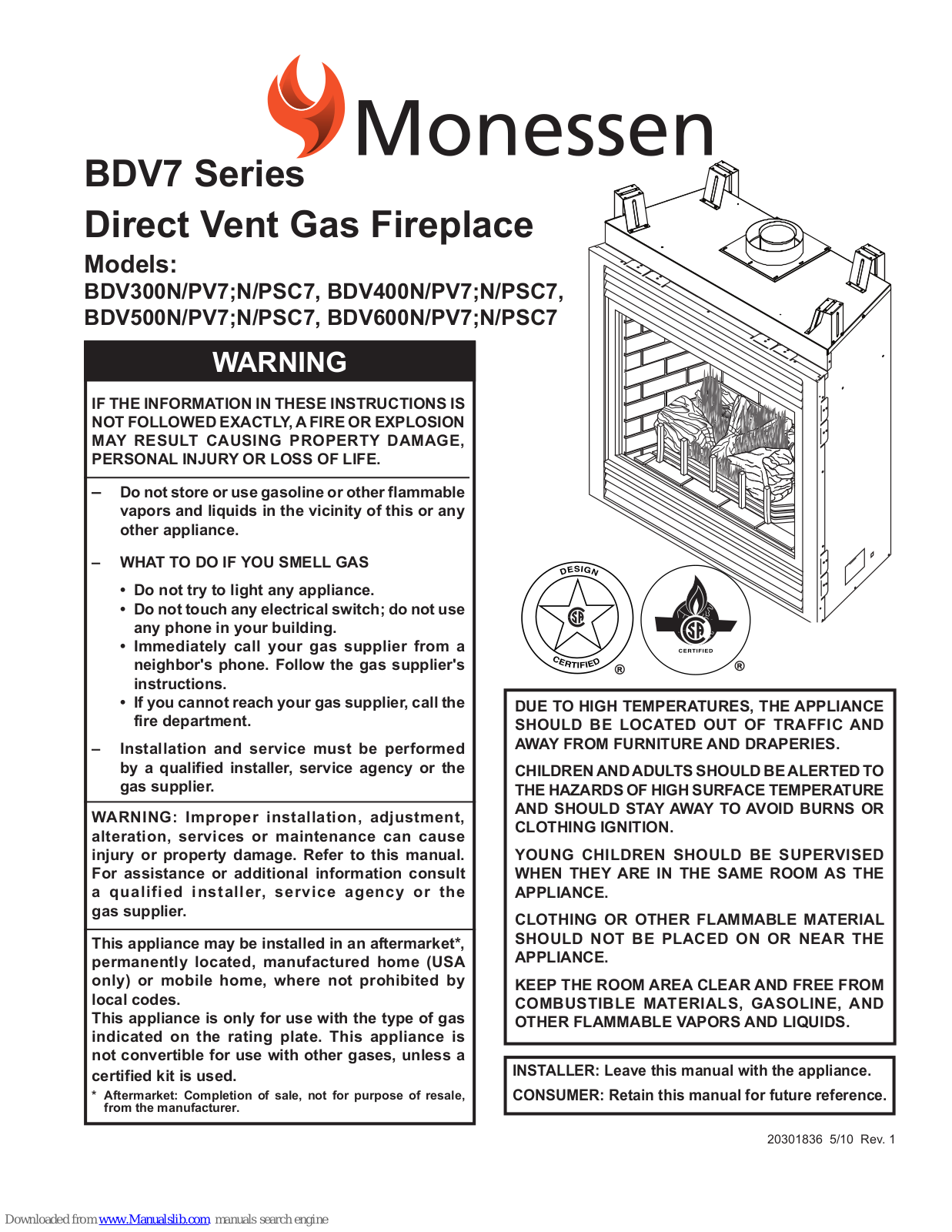 Monessen BDV300NV7, BDV400NV7, BDV400PV7, BDV400NSC7, BDV300PV7 Installation And Operation Instructions Manual