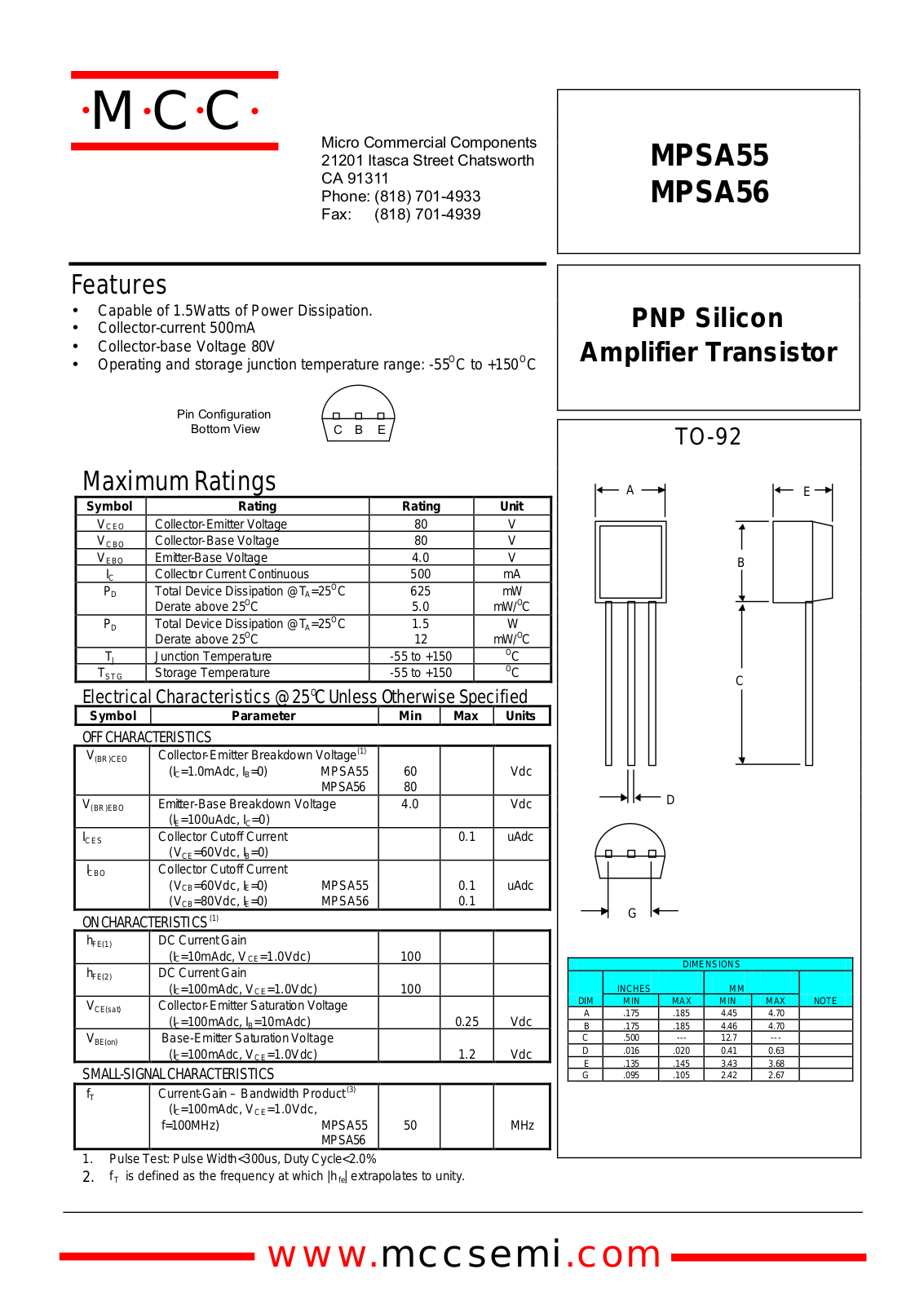 MCC MPSA56, MPSA55 Datasheet