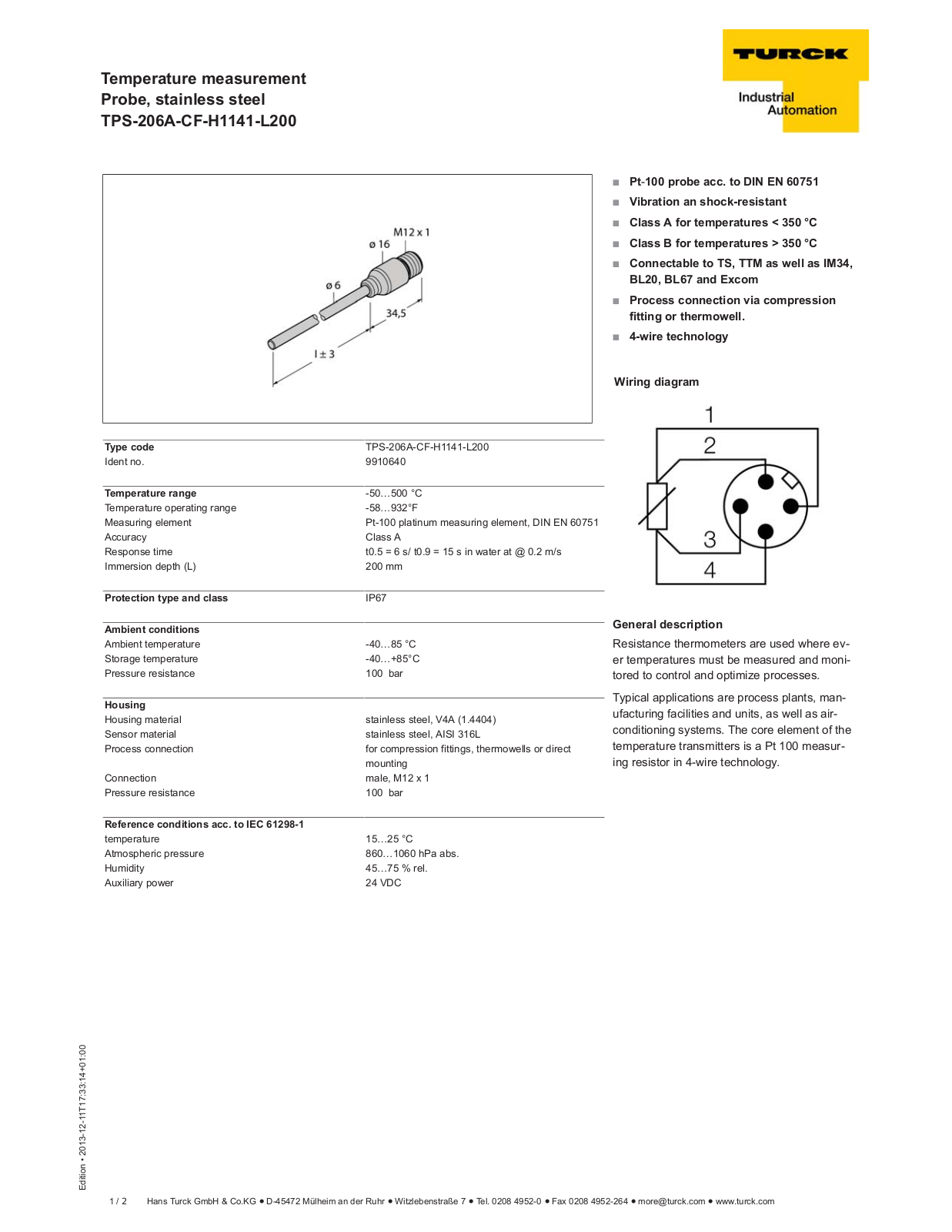 Turck TPS-206A-CF-H1141-L200 Data Sheet