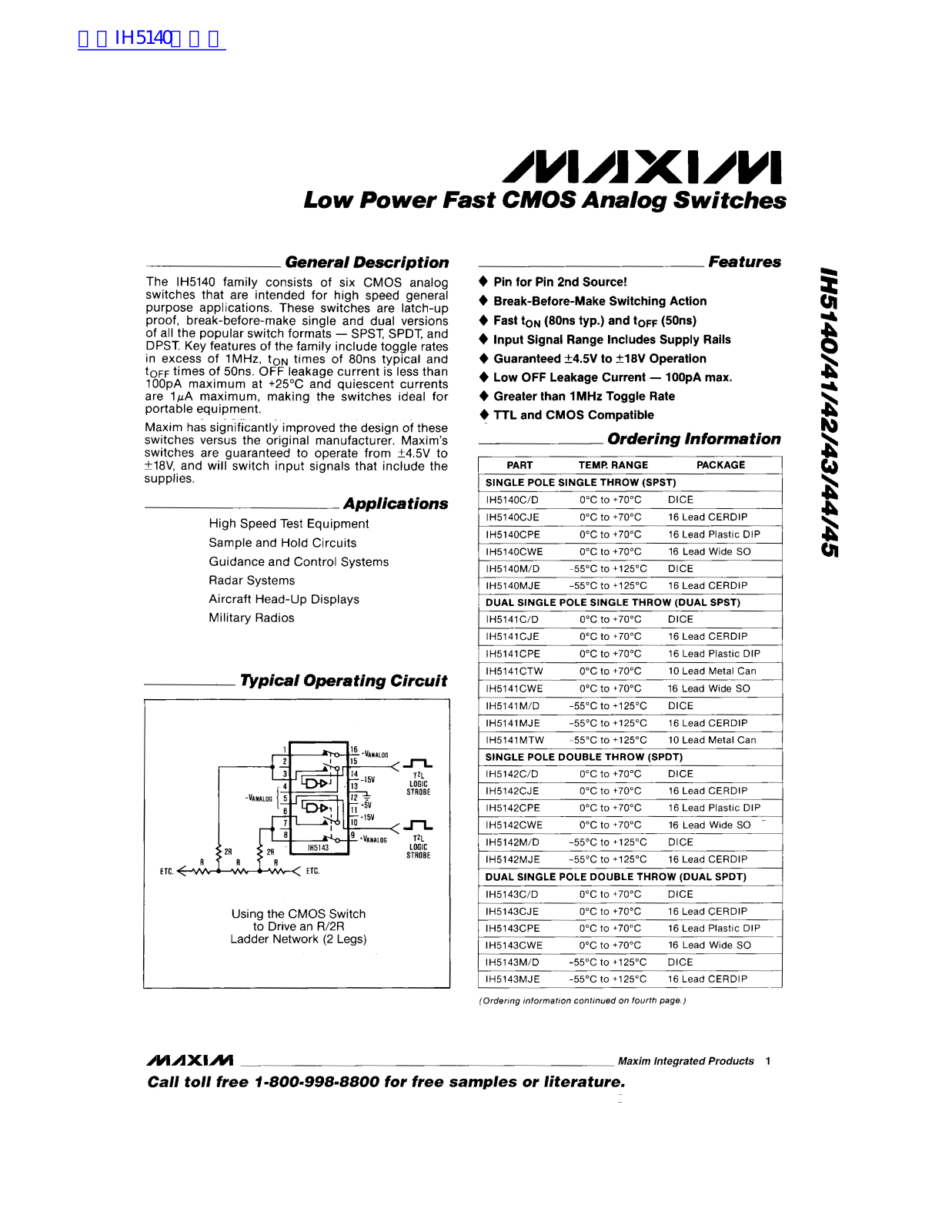 MAXIM IH5140, IH5141, IH5142, IH5143, IH5144 Technical data