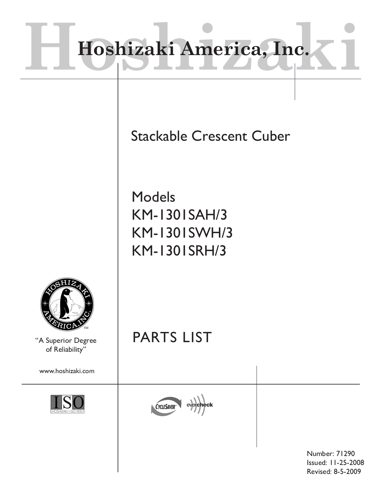 Hoshizaki America KM-1301SAH Parts List