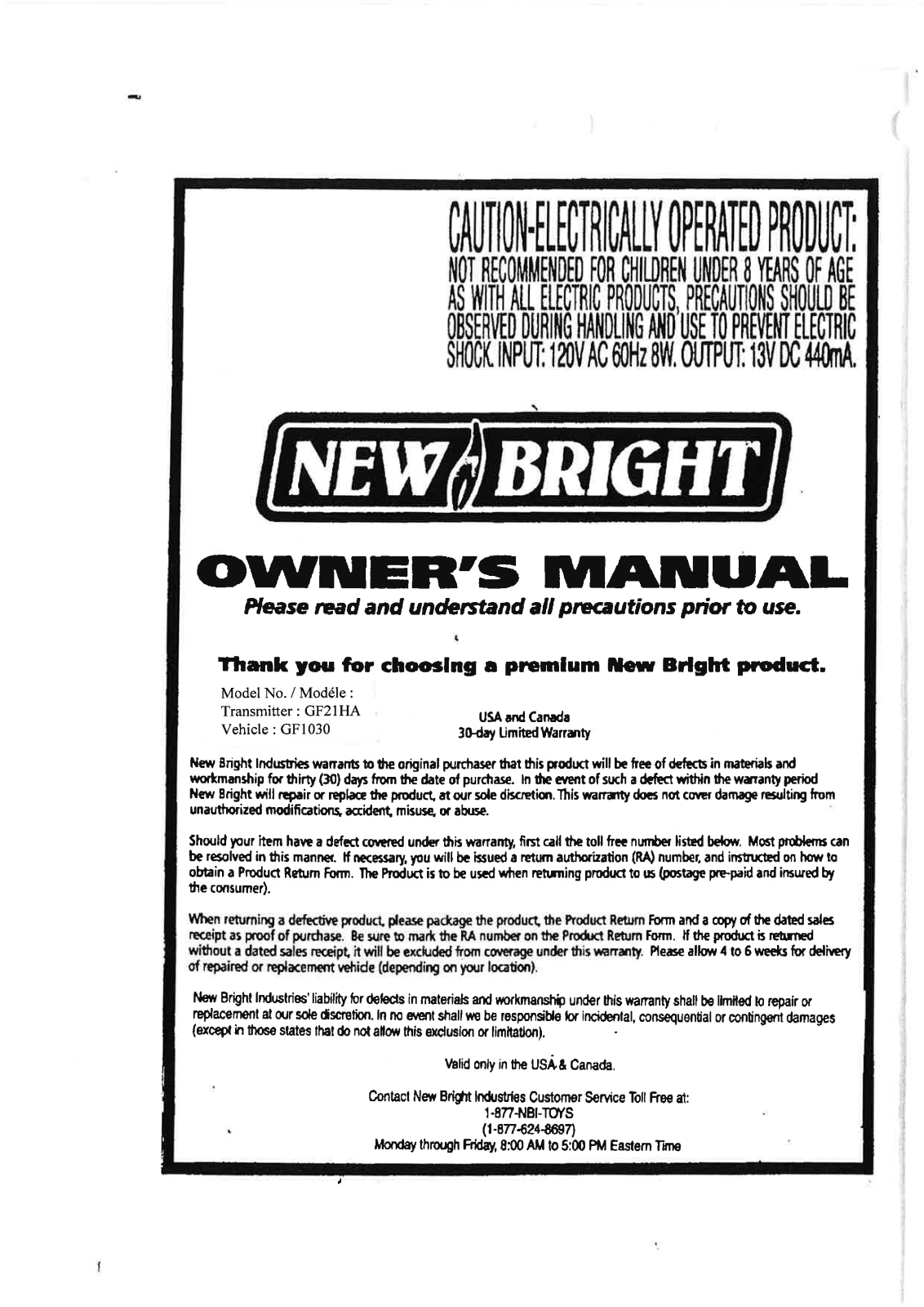 New Bright Co GF1030 User Manual