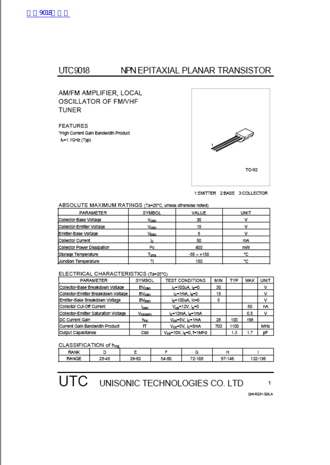 UNISONIC TECHNOLOGIES CO UTC9018 Technical data