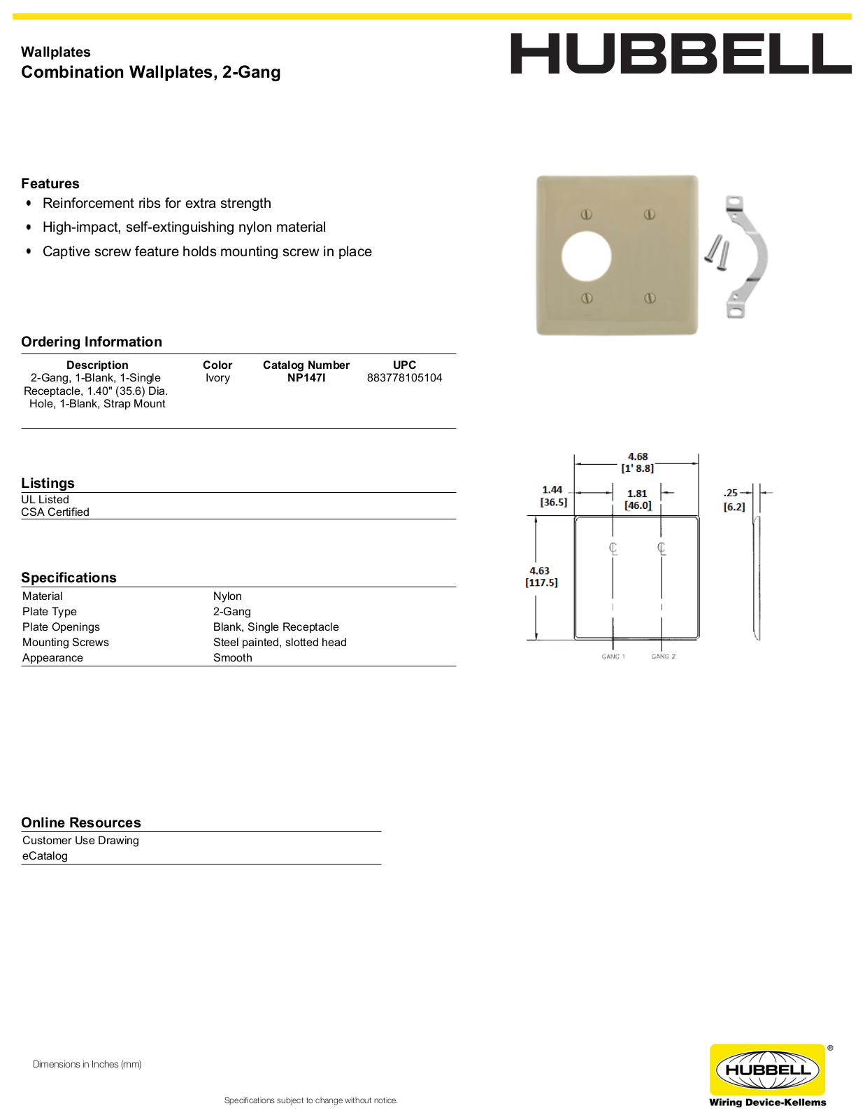 Hubbell NP147I Specifications