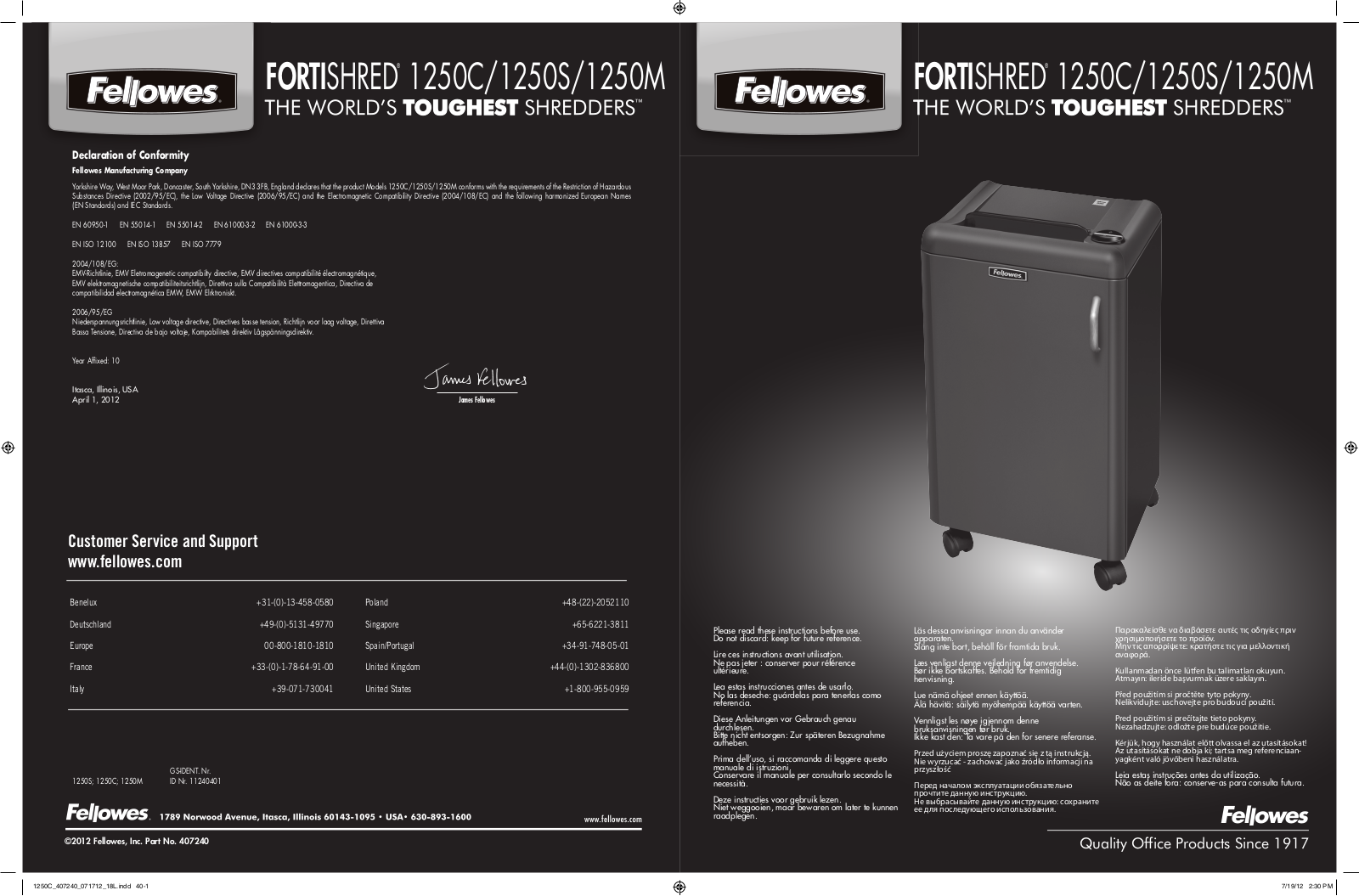 Fellowes Fortishred 1250S, Fortishred 1250M, Fortishred 1250C User Manual