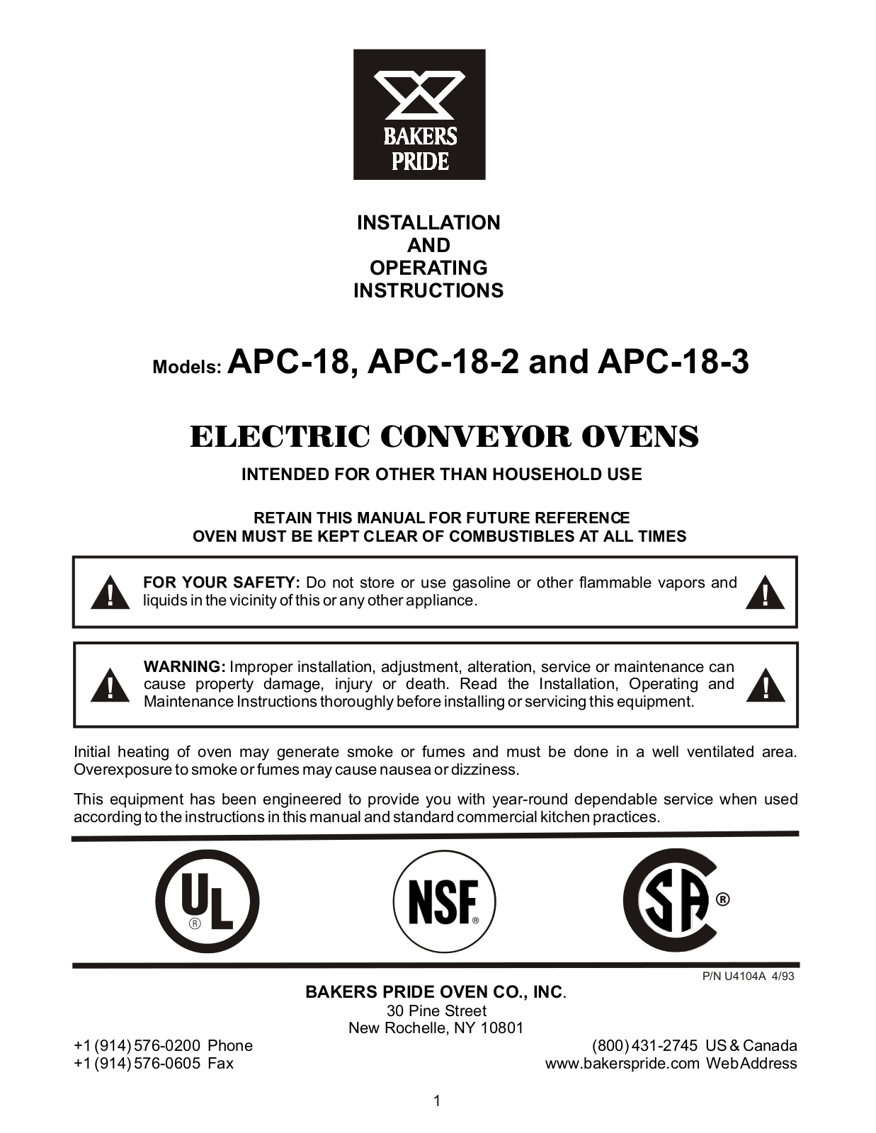 Bakers Pride APC-18-2 Installation  Manual