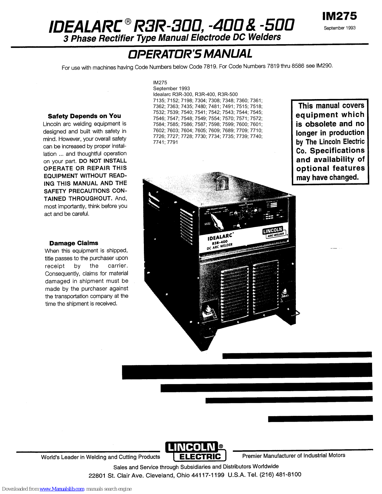 Lincoln IDEALARC R3R - 300, IDEALARC R3R - 400, IDEALARC R3R - 500 Operator's Manual