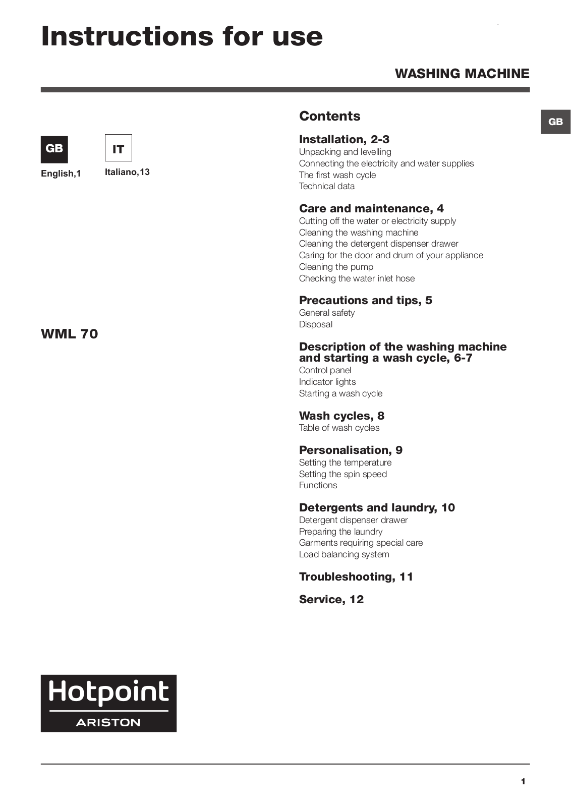 Hotpoint WML 70 EU.M User Manual