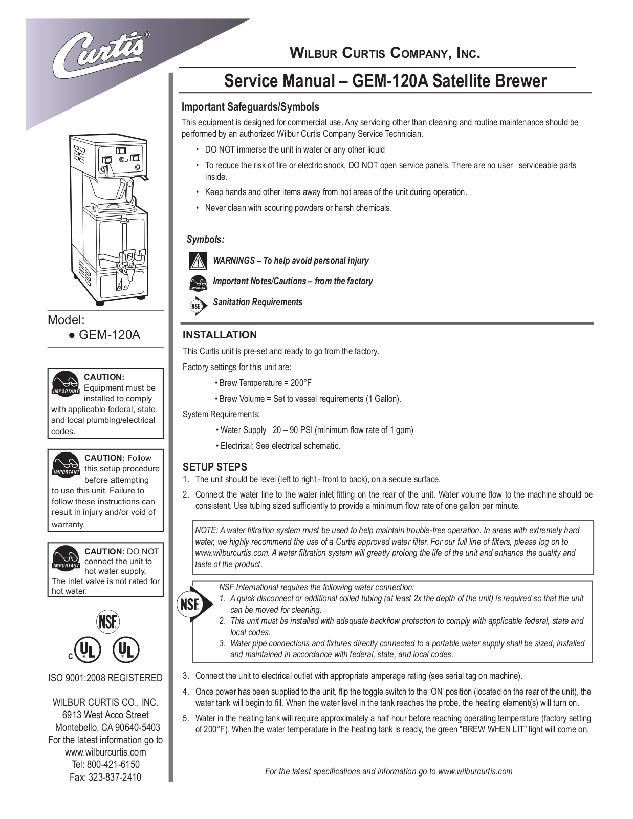 Wilbur Curtis GEM-120A User Manual