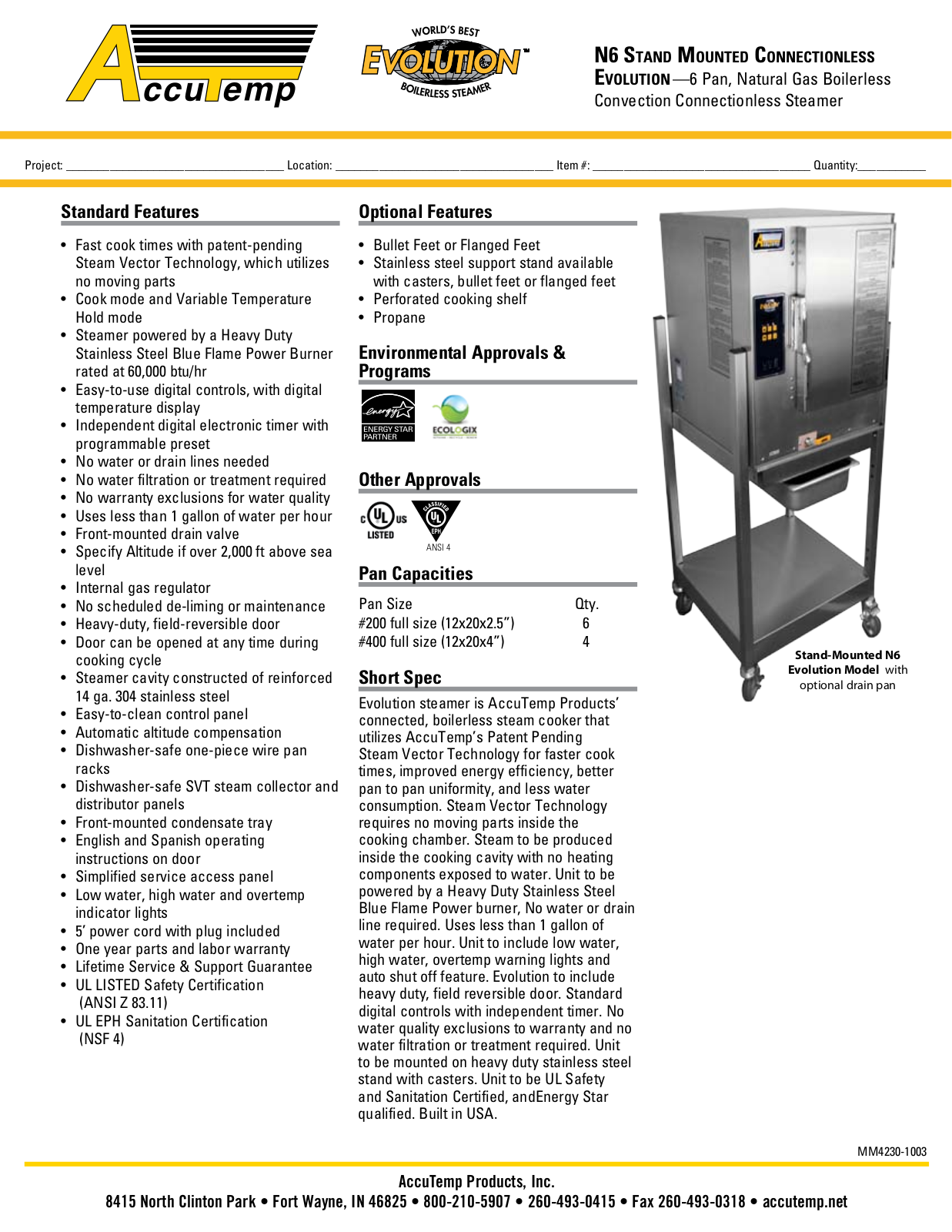 AccuTemp N6-EVOLUTION SGL CONNECTIONLESS Specifications