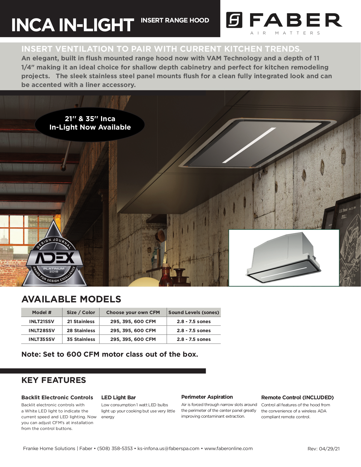 Faber INLT35SSV, INLT21SSV PRODUCT SPECIFICATIONS