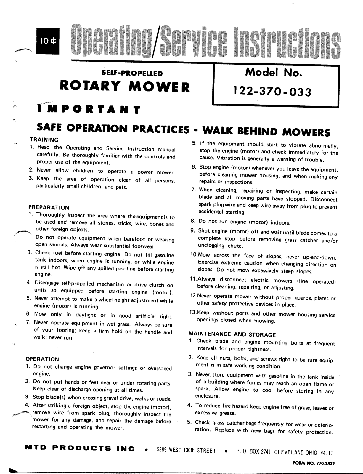 MTD 122-370-033 User Manual