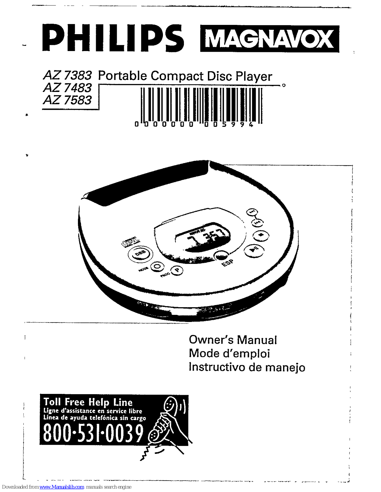 Magnavox AZ7383 - Cd Personal, AZ7483 - Cd Personal, AZ7583 - Cd Personal, AZ 7383, AZ 7483 Owner's Manual