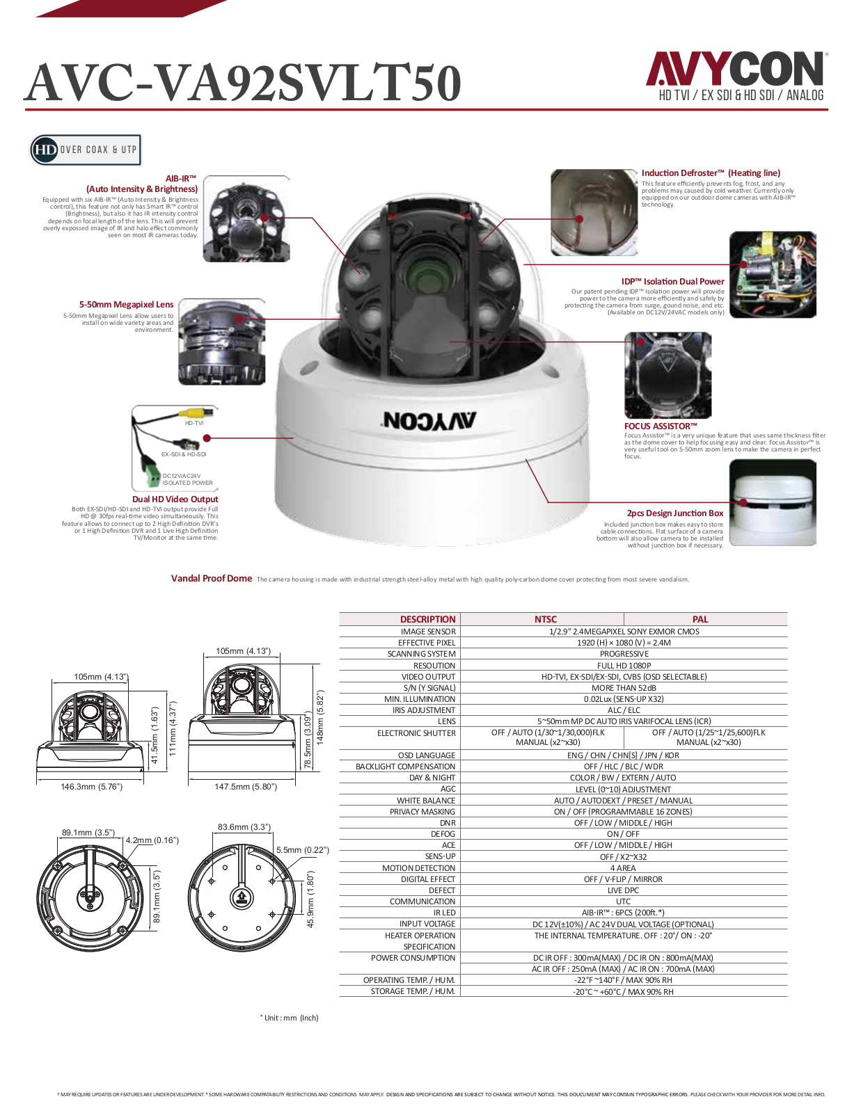 Avycon AVC-VA92SVLT50-G, AVC-VA92SVLT50 Specsheet