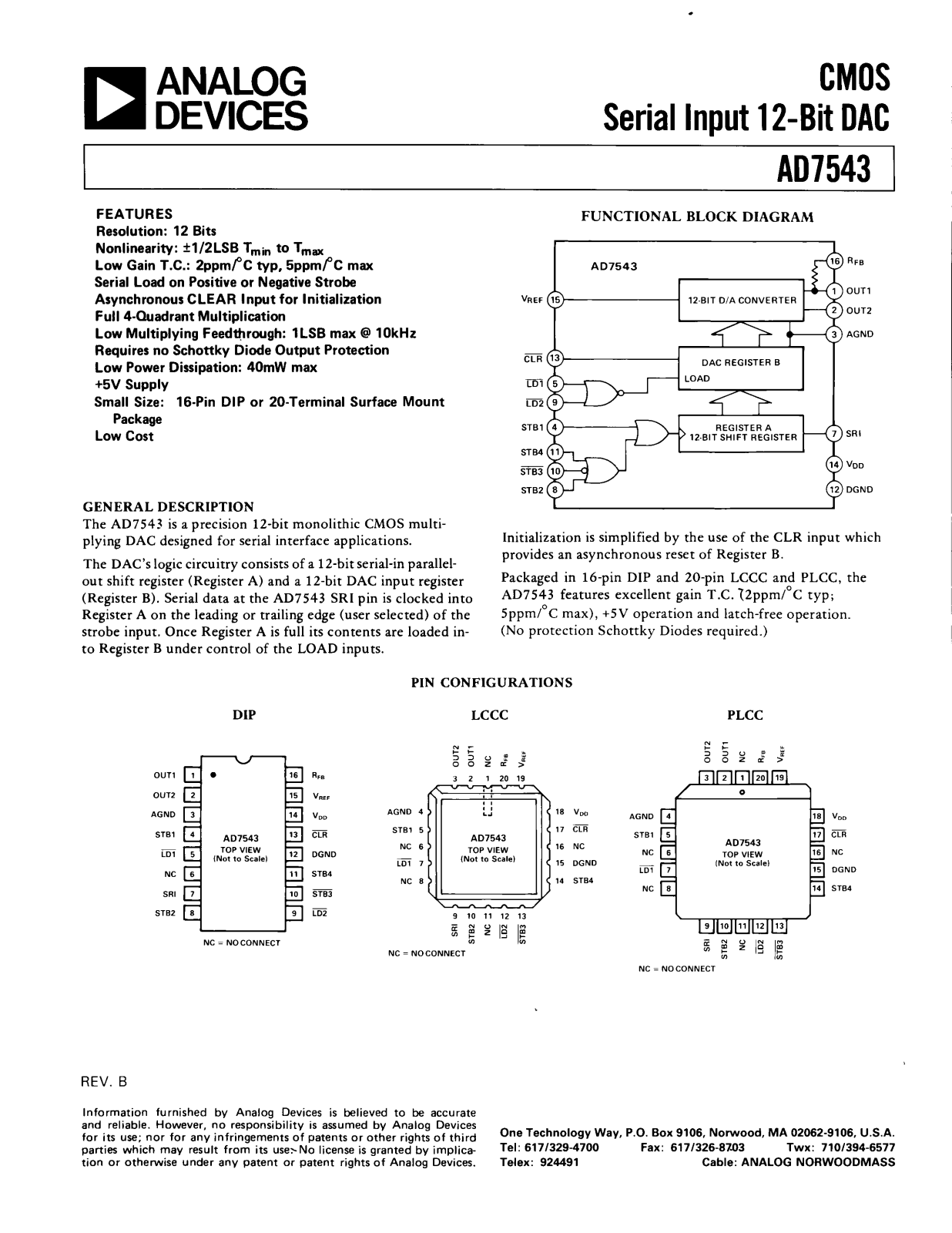 Analog Devices AD7543JN, AD7543GTQ, AD7543GTE, AD7543GKR, AD7543GKP Datasheet