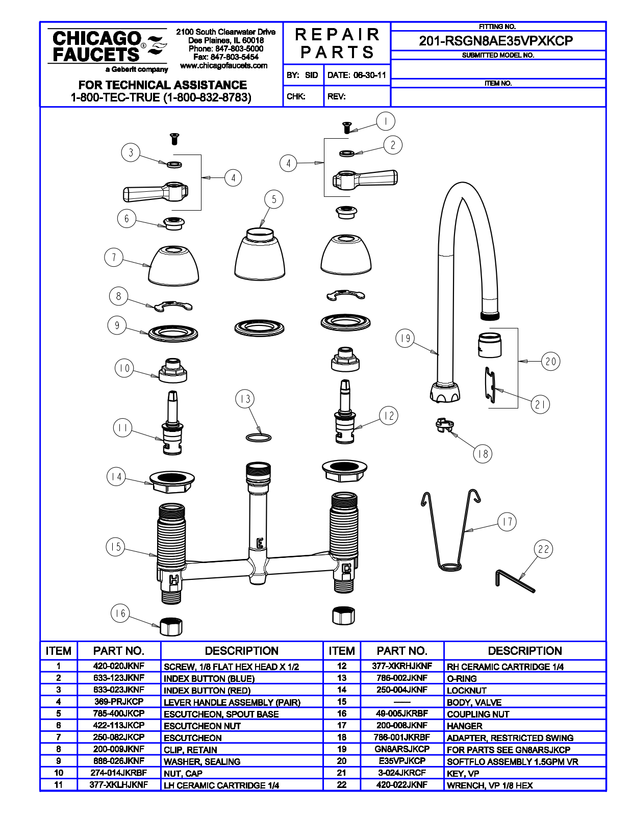 Chicago Faucet 201-RSGN8AE35VPXKCP Parts List