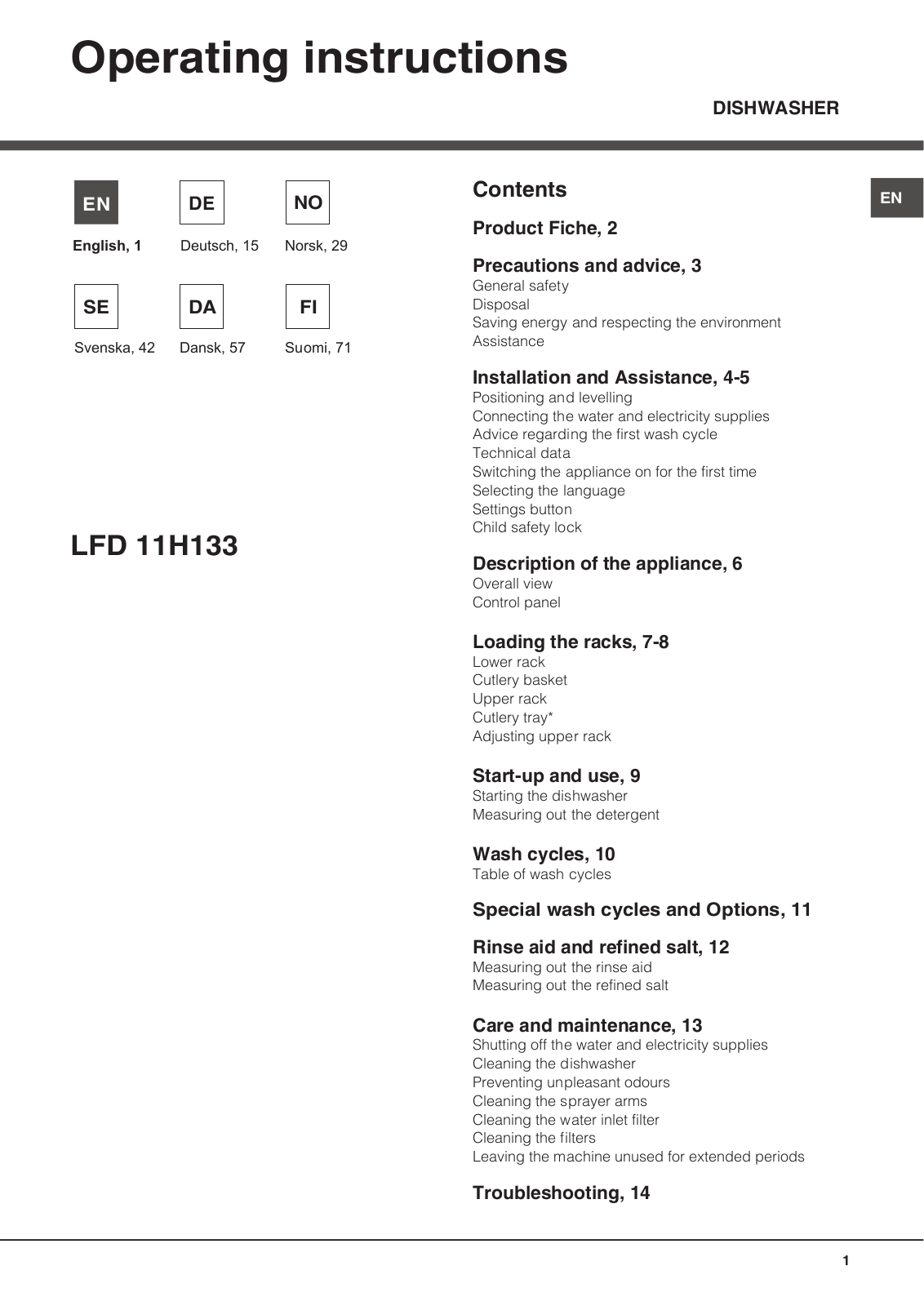 Hotpoint LFD 11H133 DE/SK, LFD 11H133 X DE/SK User Manual