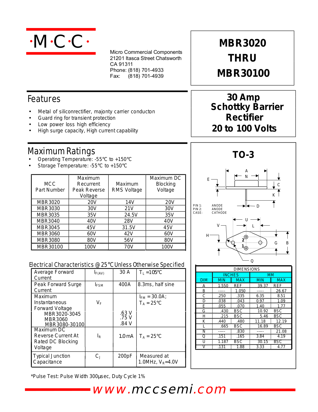 MCC MBR3045, MBR3030, MBR3040, MBR3035, MBR3060 Datasheet