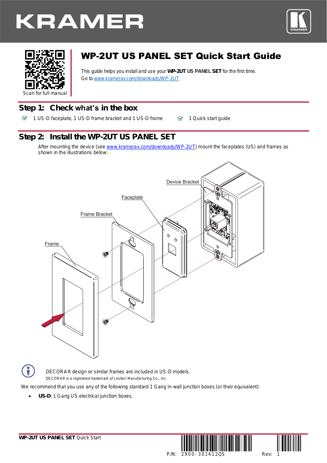 Kramer WP-2UT US PANEL SET Quick Start - ManualMachine.com