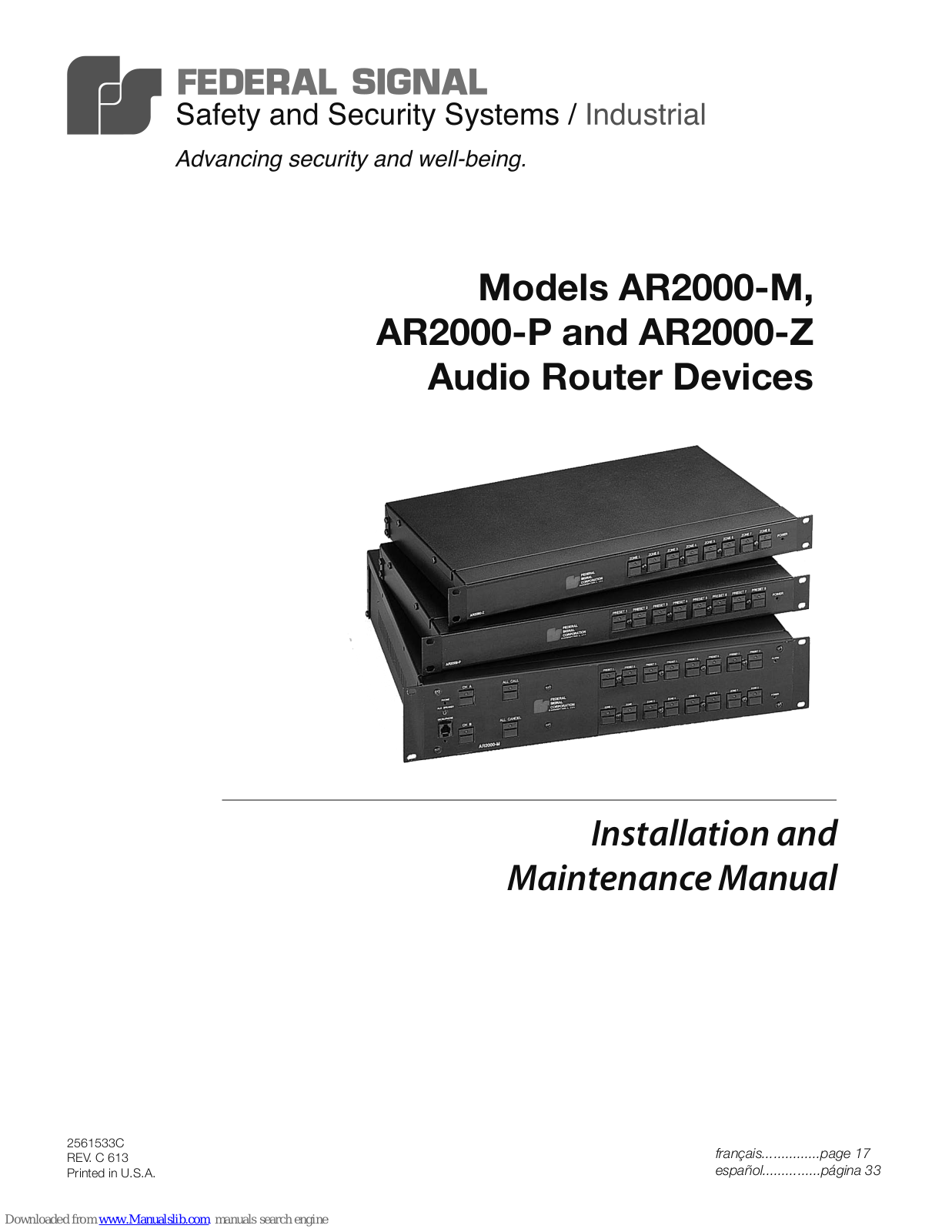 Federal Signal Corporation AR2000-M, AR2000-Z, AR2000-P Installation And Maintenance Manual