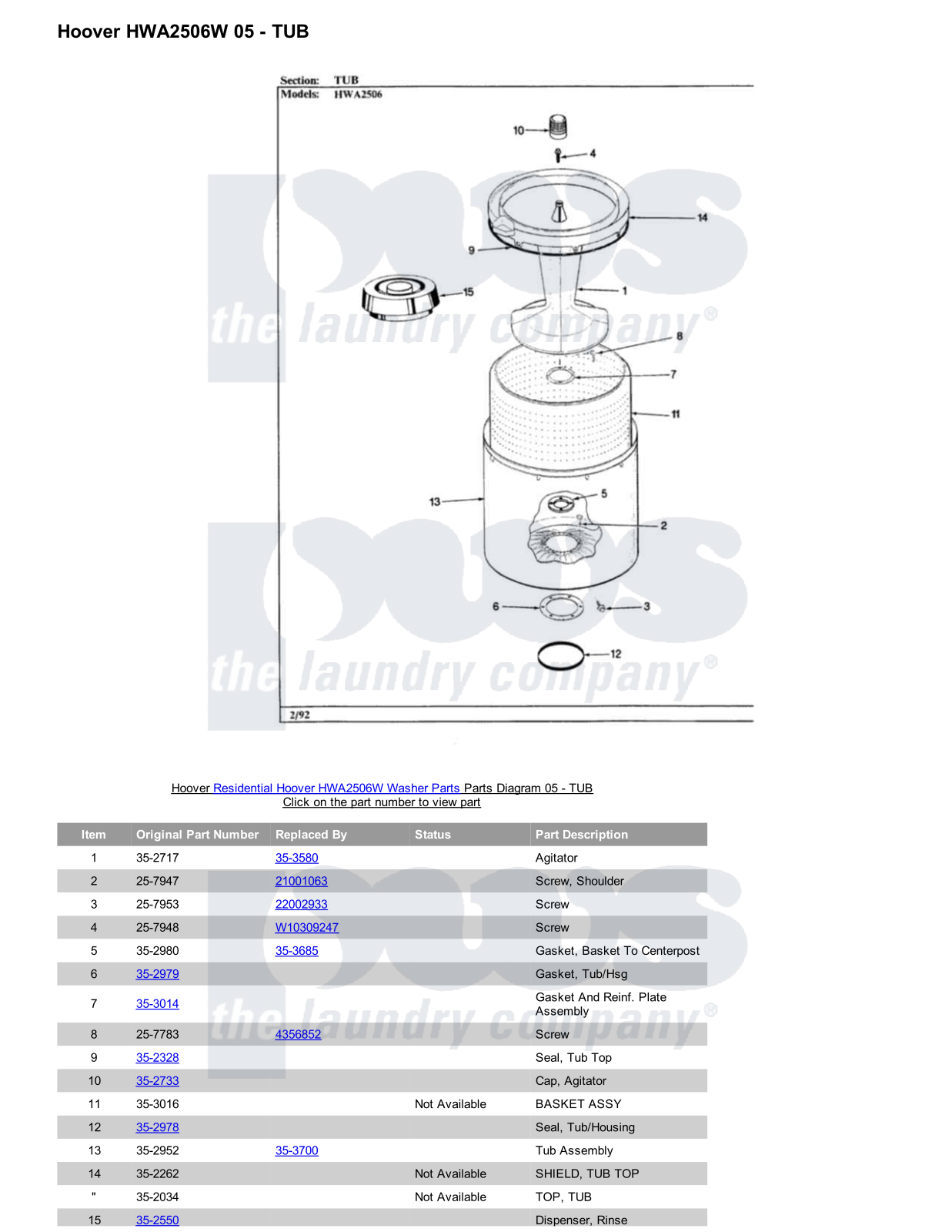 Hoover HWA2506W Parts Diagram