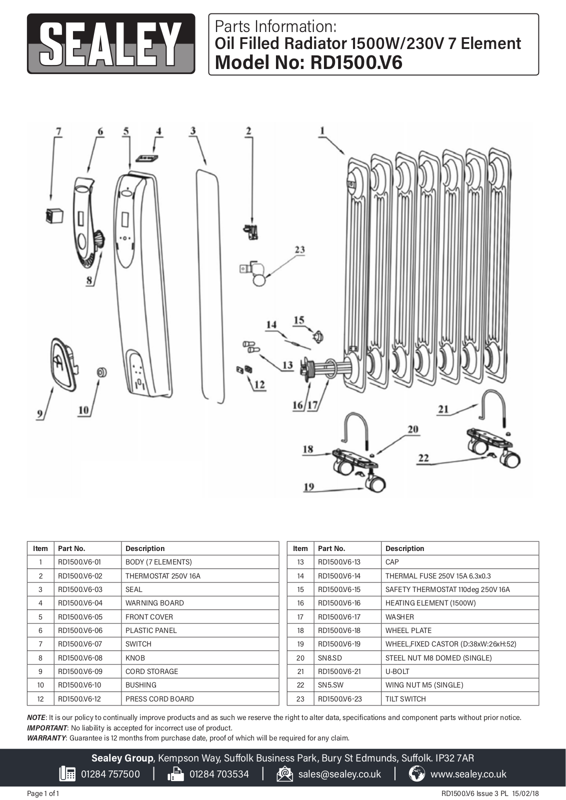 Sealey RD1500.V6 Parts Listing
