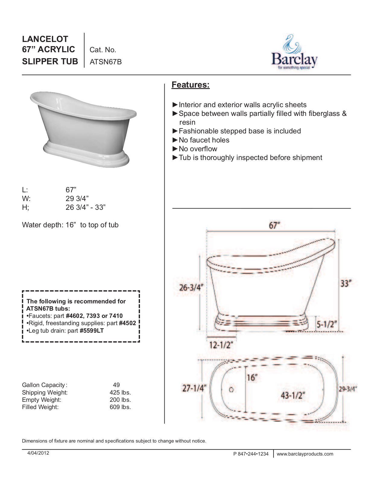 Barclay ATSN67BWH Specifications