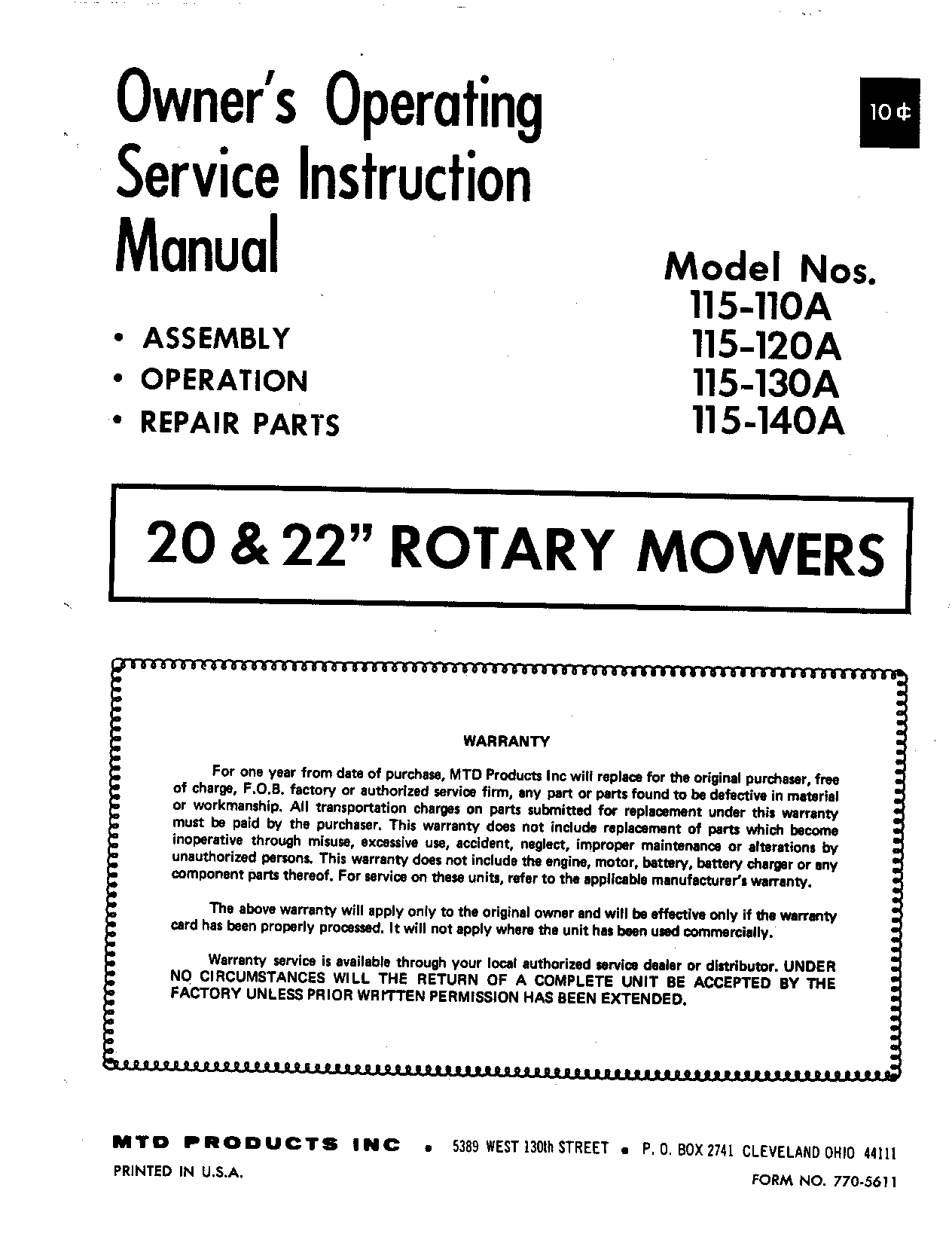 MTD 115-120A, 115-130A, 115-140A, 115-110A User Manual