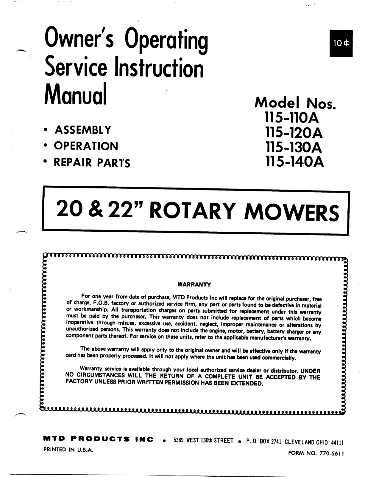 MTD 115-120A, 115-130A, 115-140A, 115-110A User Manual