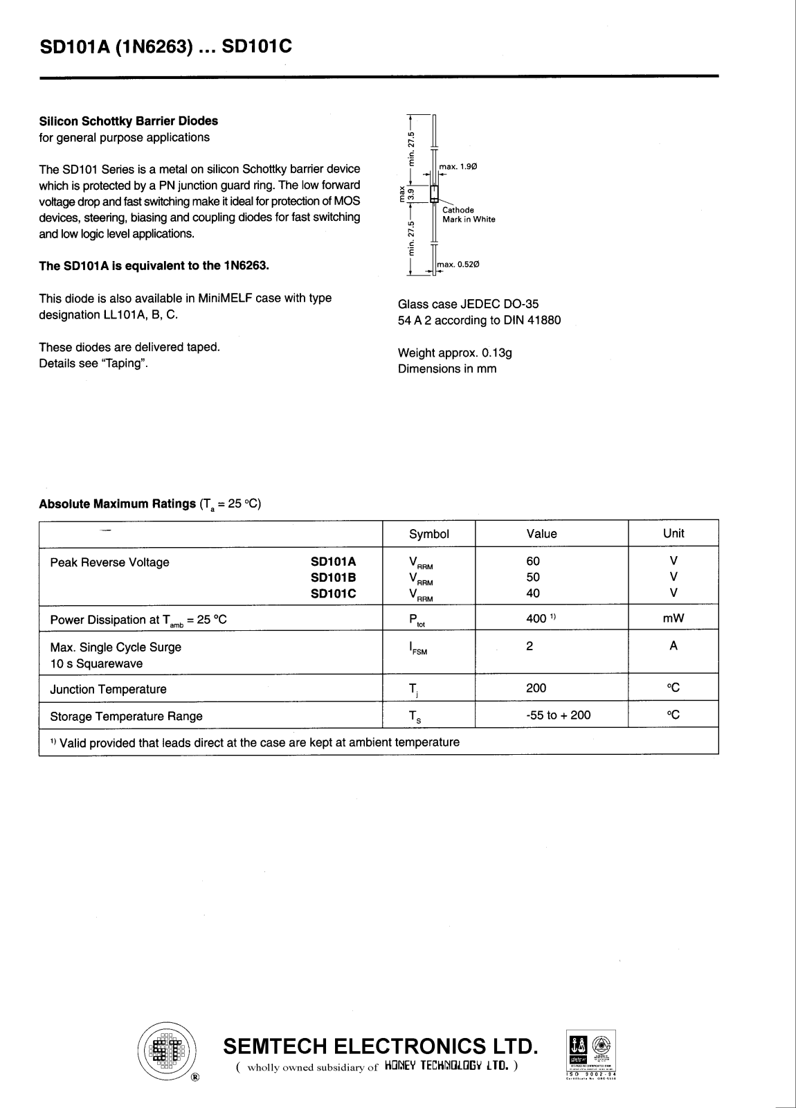 SEMTECH ELECTRONICS SD101A, SD101C, SD101B Datasheet