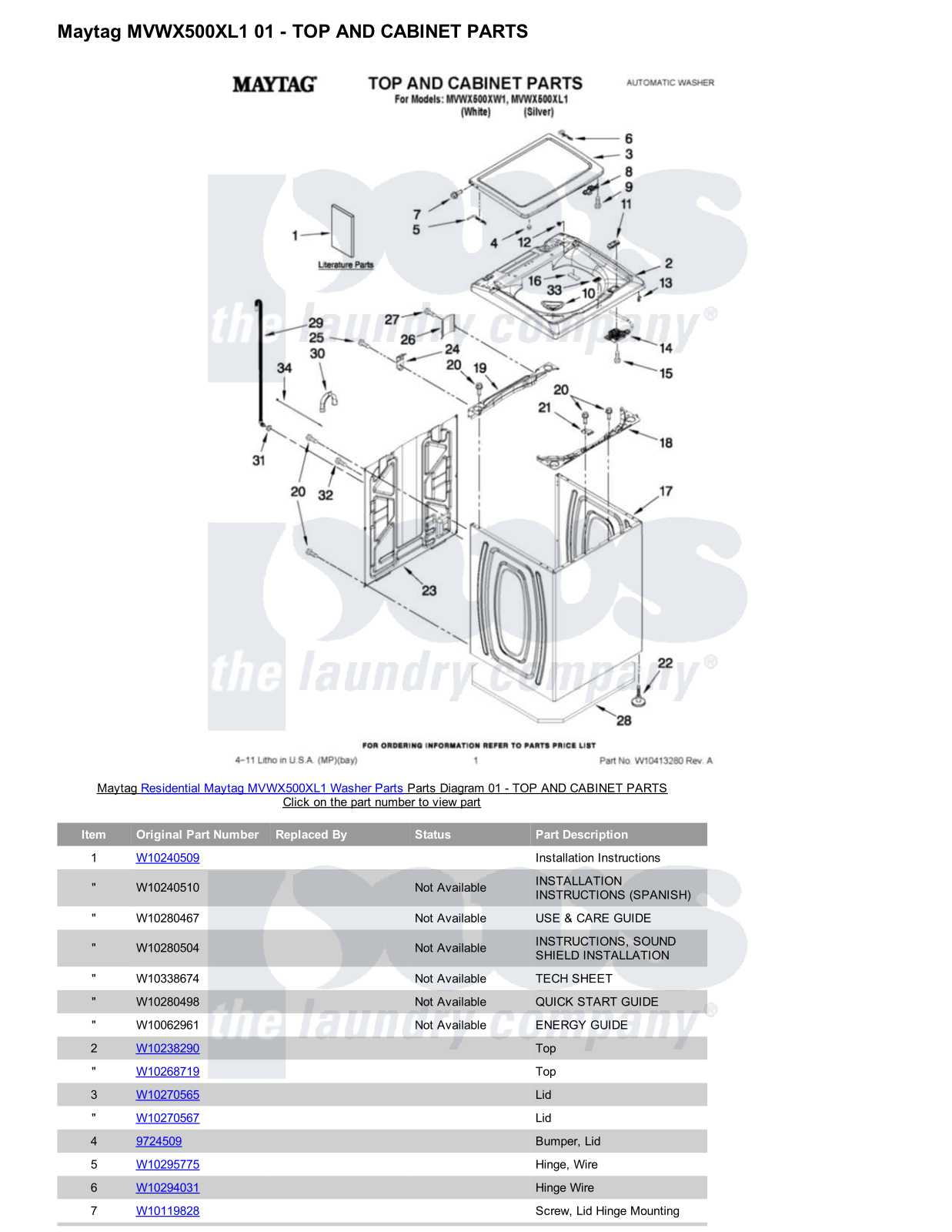 Maytag MVWX500XL1 Parts Diagram