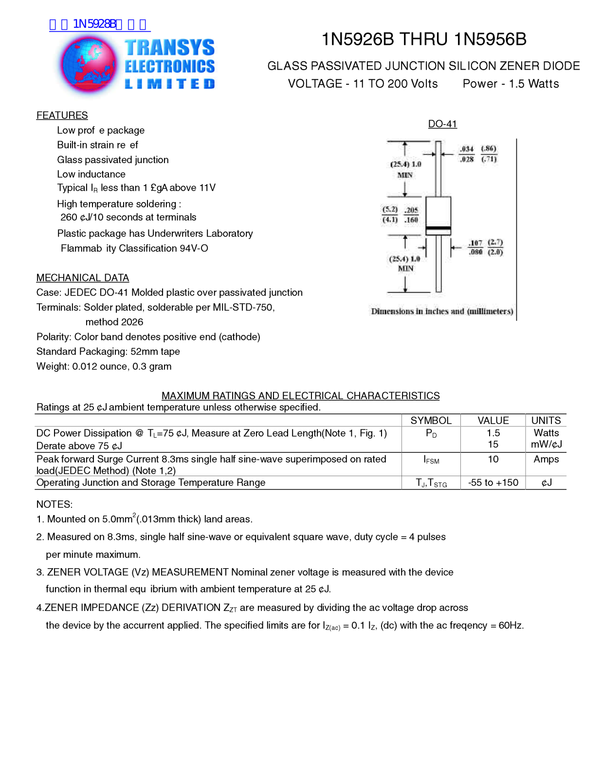 Transys Electronics 1N5926B, 1N5956B Technical data