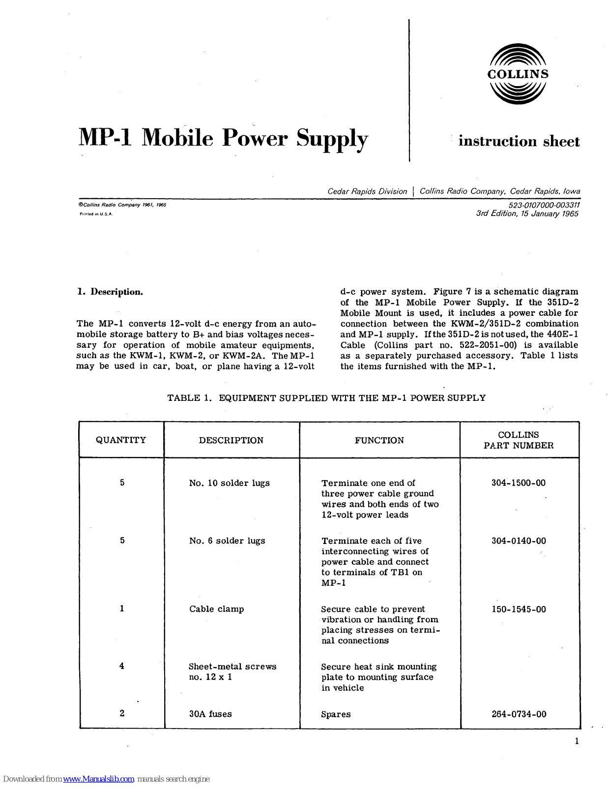 Collins MP-1 Instruction Sheet